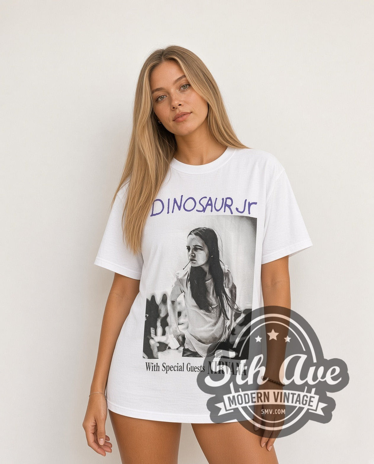 Model wearing the Dinosaur Jr. 'With Special Guests NIRVANA' vintage band t-shirt
