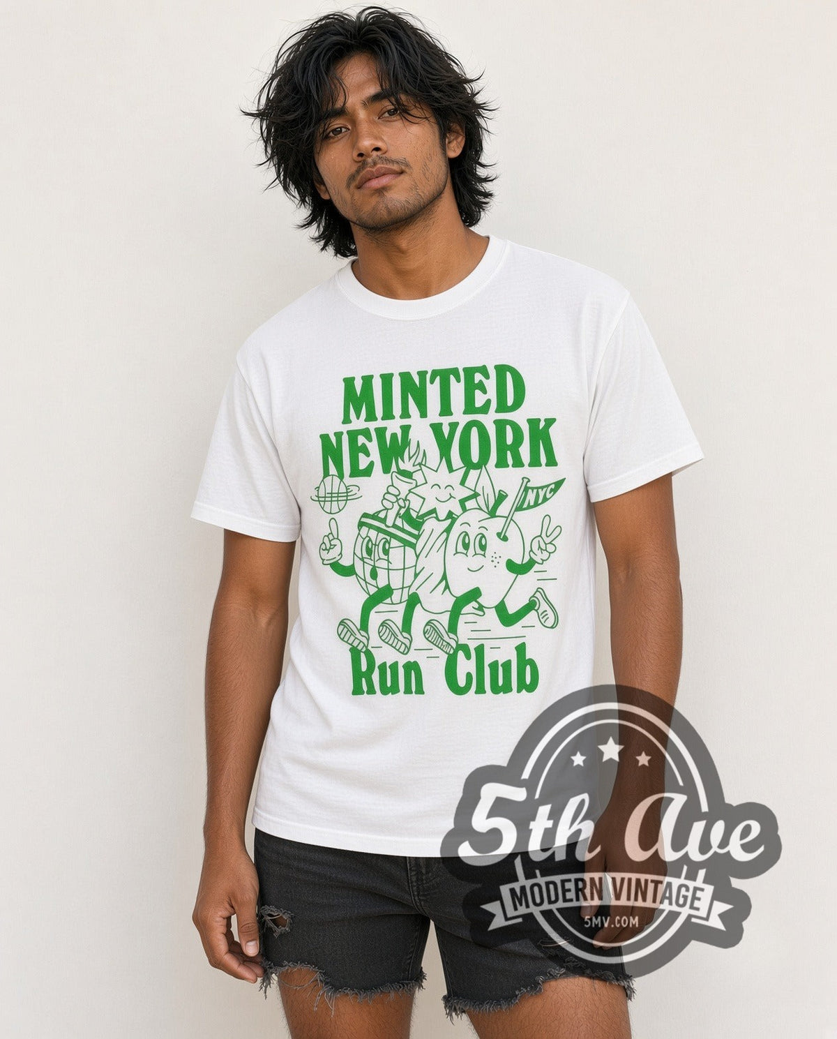 Model wearing the Minted New York Run Club vintage graphic tee in white
