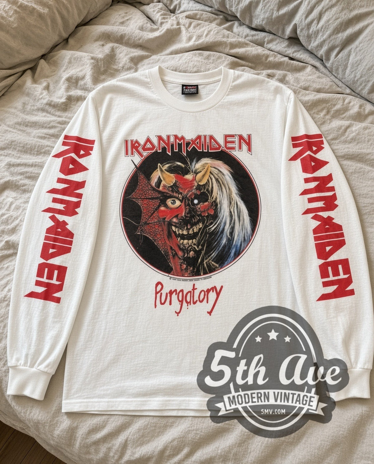 Iron Maiden Purgatory vintage band long sleeve tee laid flat