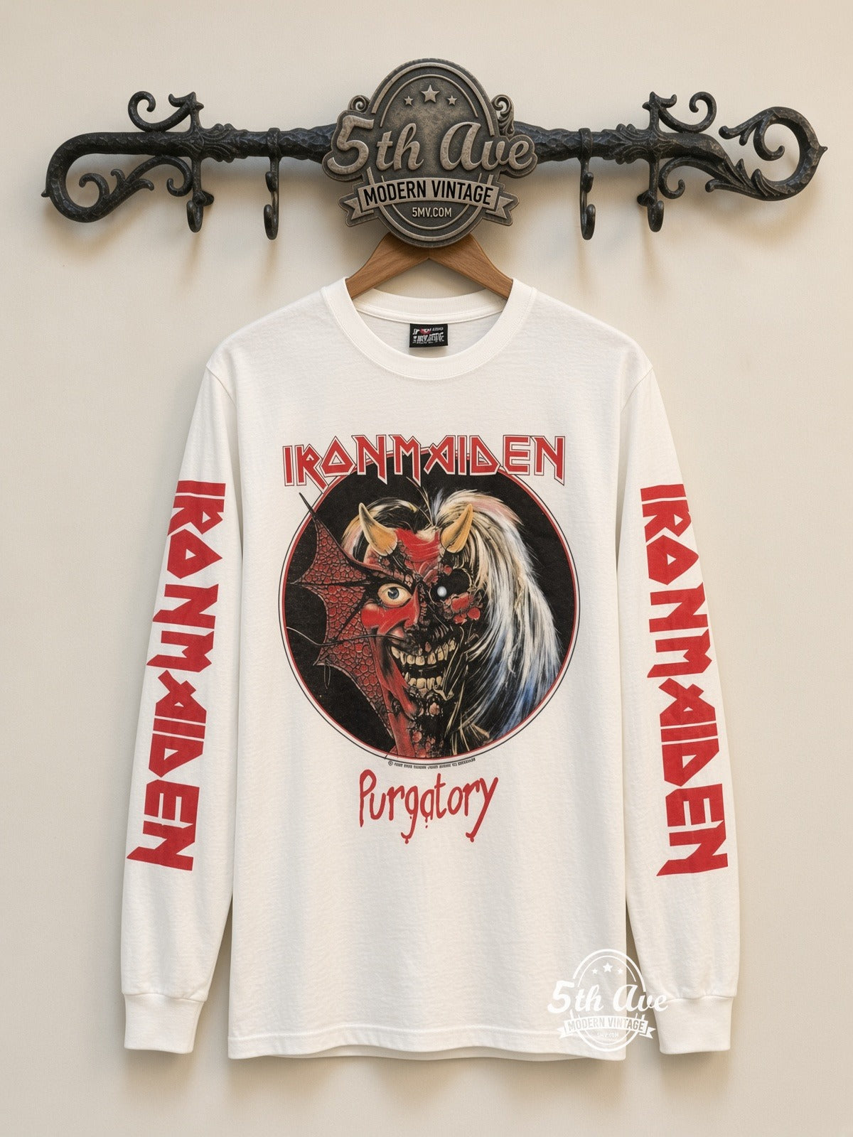 ETS LS 72 Iron Maiden Purgatory long sleeve vintage tee on rack, front