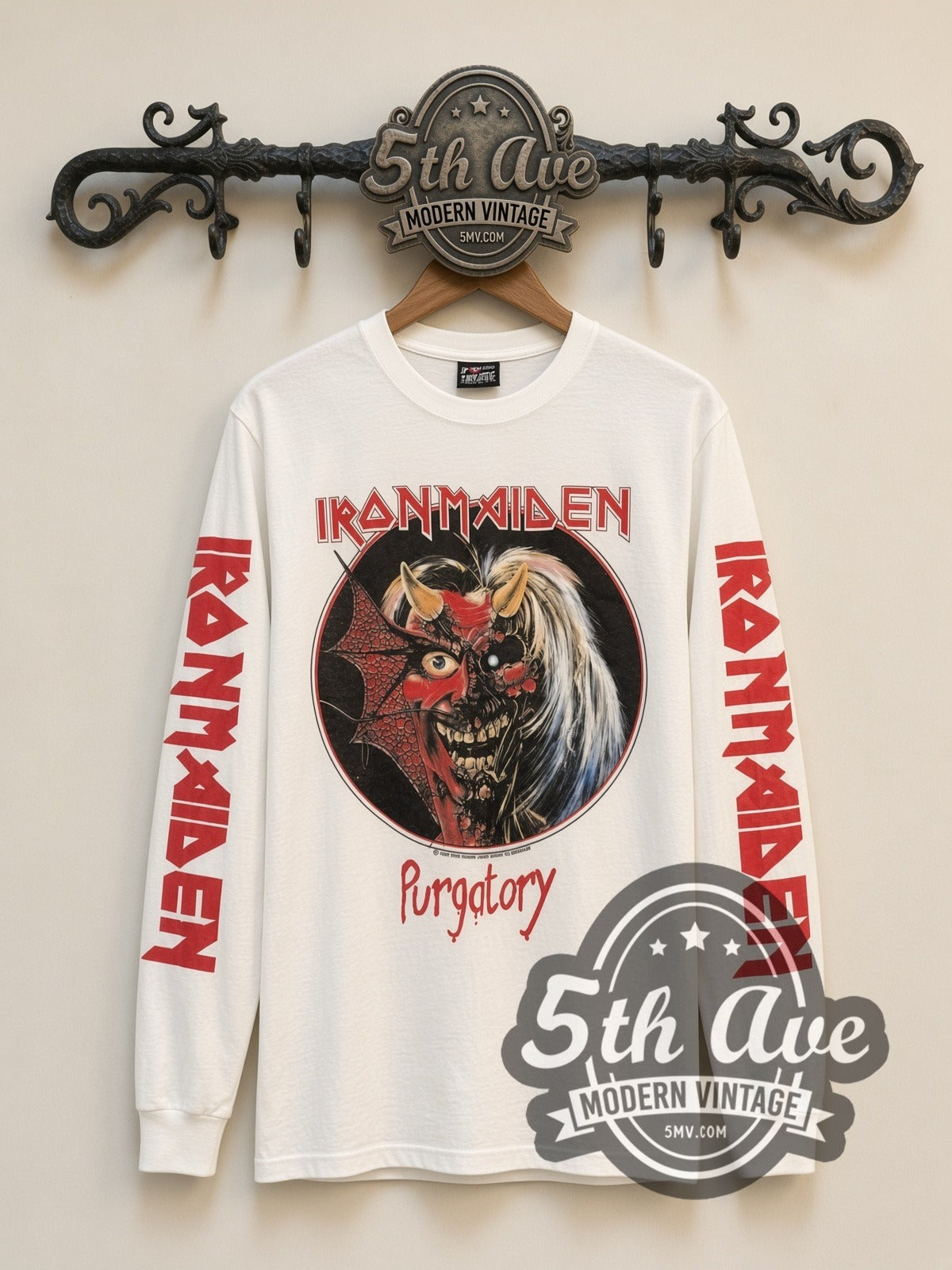 Iron Maiden Purgatory vintage band long sleeve t-shirt, front view on a display rack
