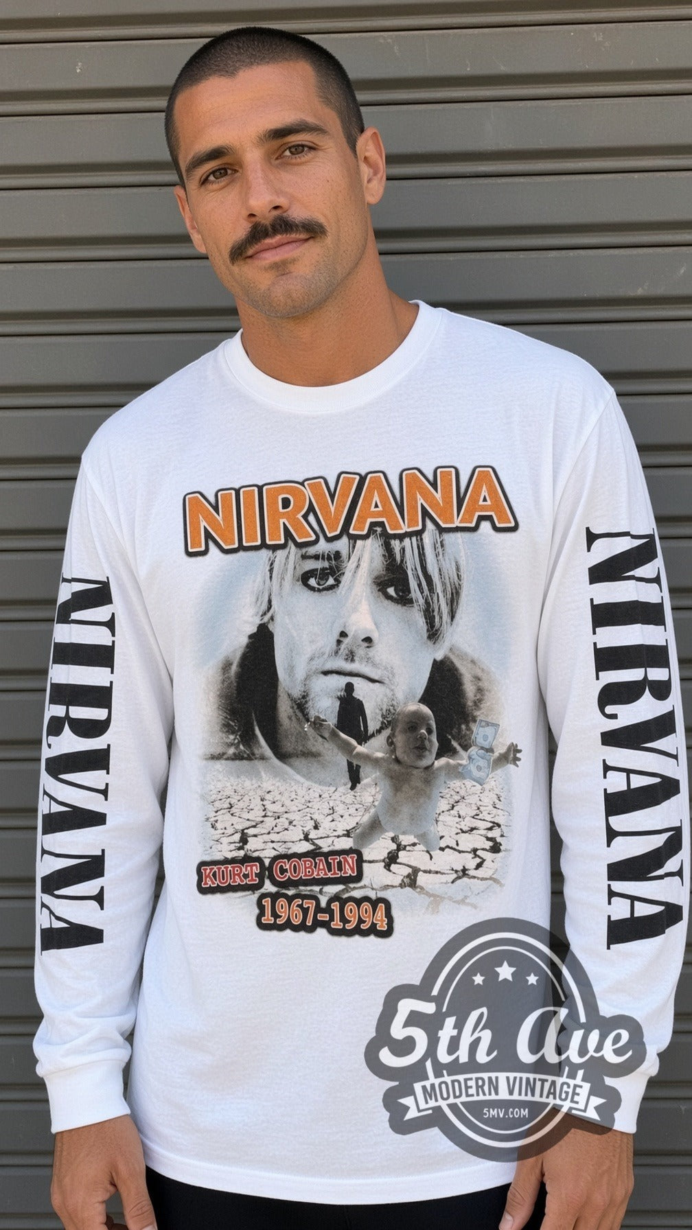 Model wearing the Nirvana Kurt Cobain Cracked Earth vintage band long sleeve t-shirt
