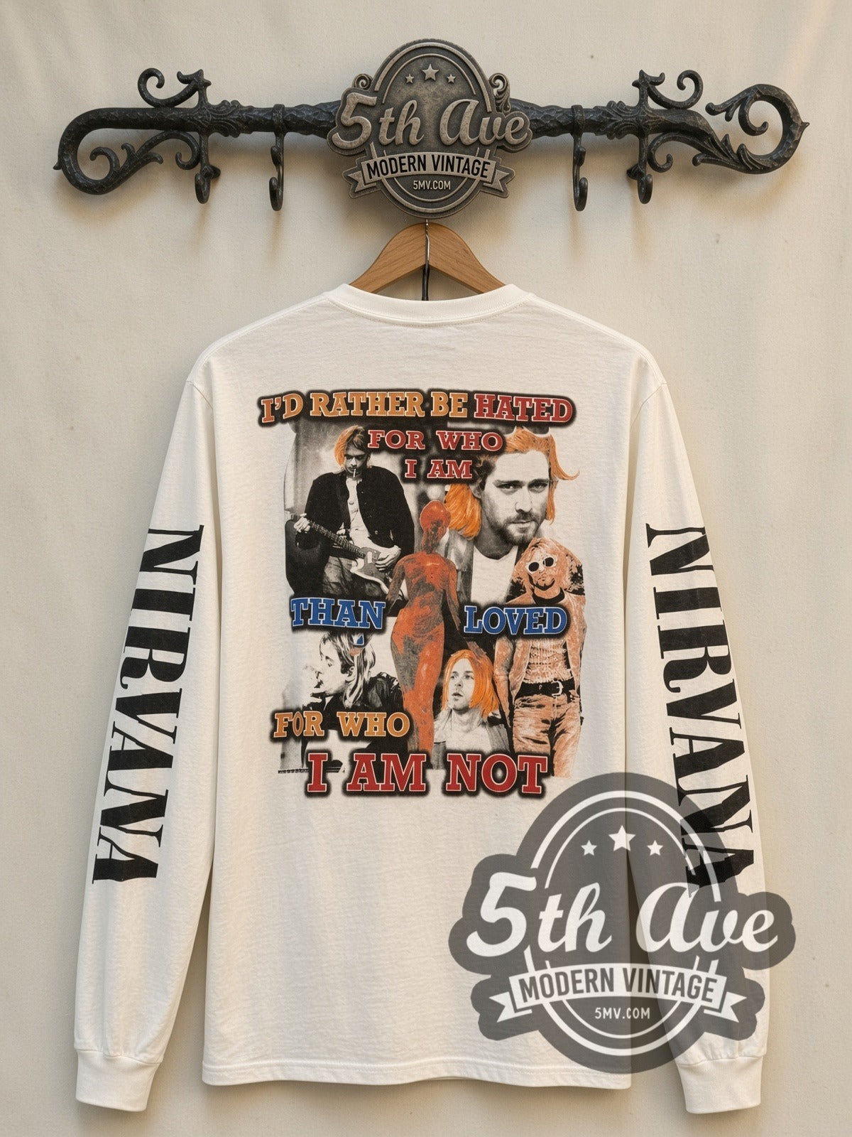 Nirvana Kurt Cobain Cracked Earth vintage band long sleeve t-shirt, back view on a display rack