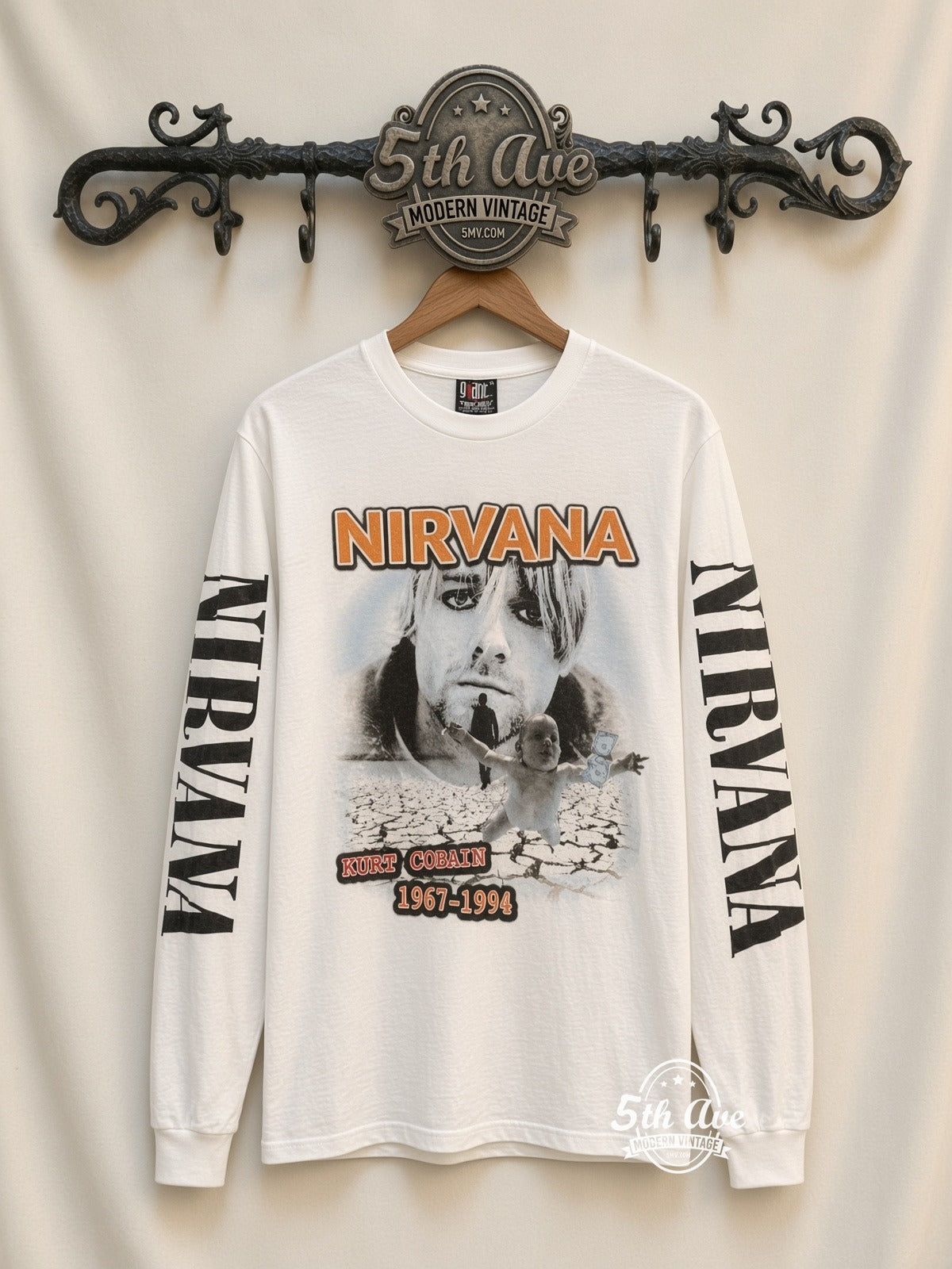 ETS LS 73 Nirvana Kurt Cobain Cracked Earth long sleeve vintage tee on rack, front