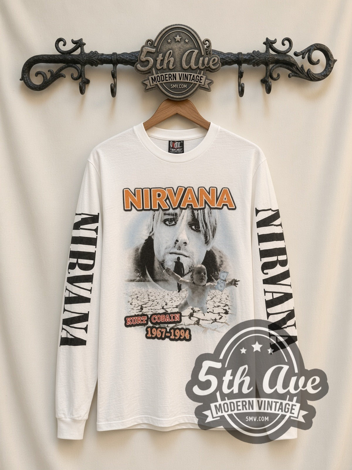Nirvana Kurt Cobain Cracked Earth vintage band long sleeve t-shirt, front view on a display rack
