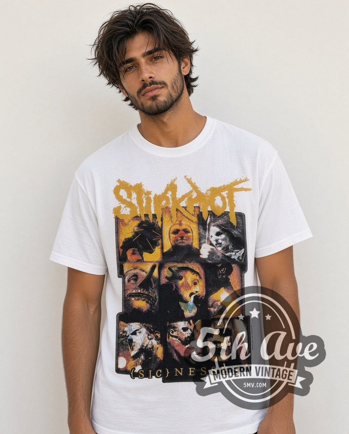 Model wearing the Slipknot Masks vintage band t-shirt in white