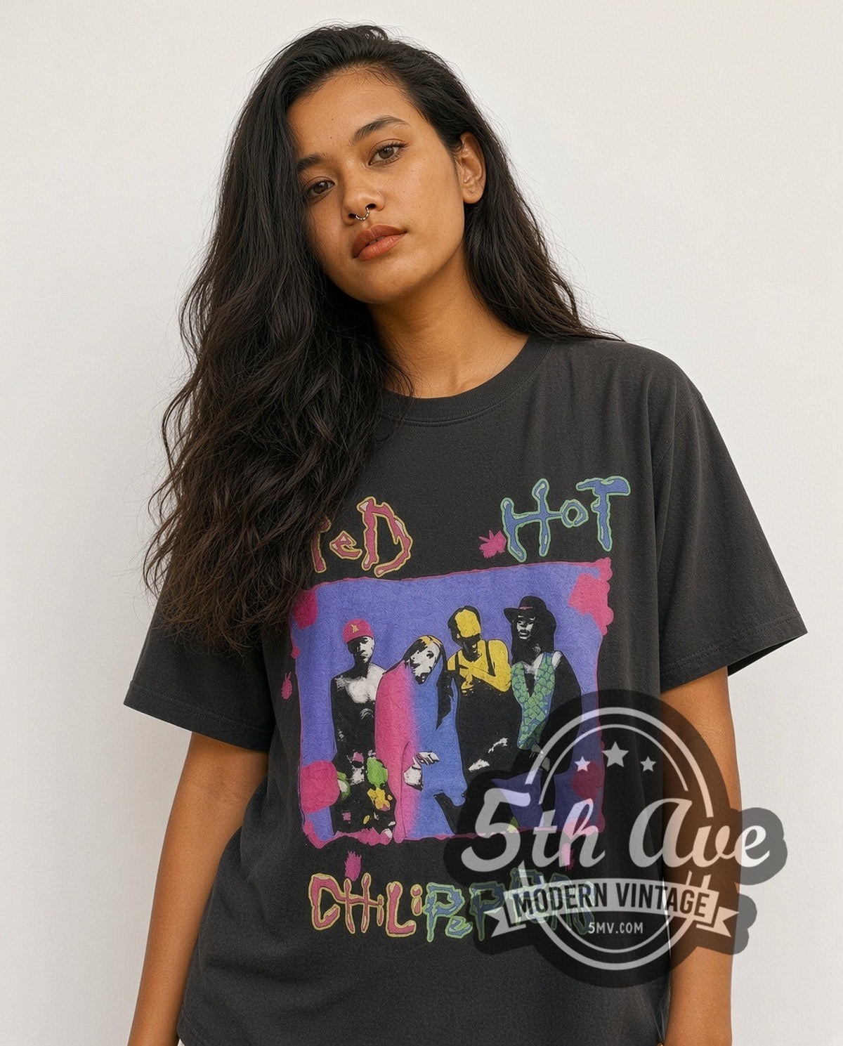 Model wearing the Red Hot Chili Peppers Out With the Old vintage band t-shirt in black