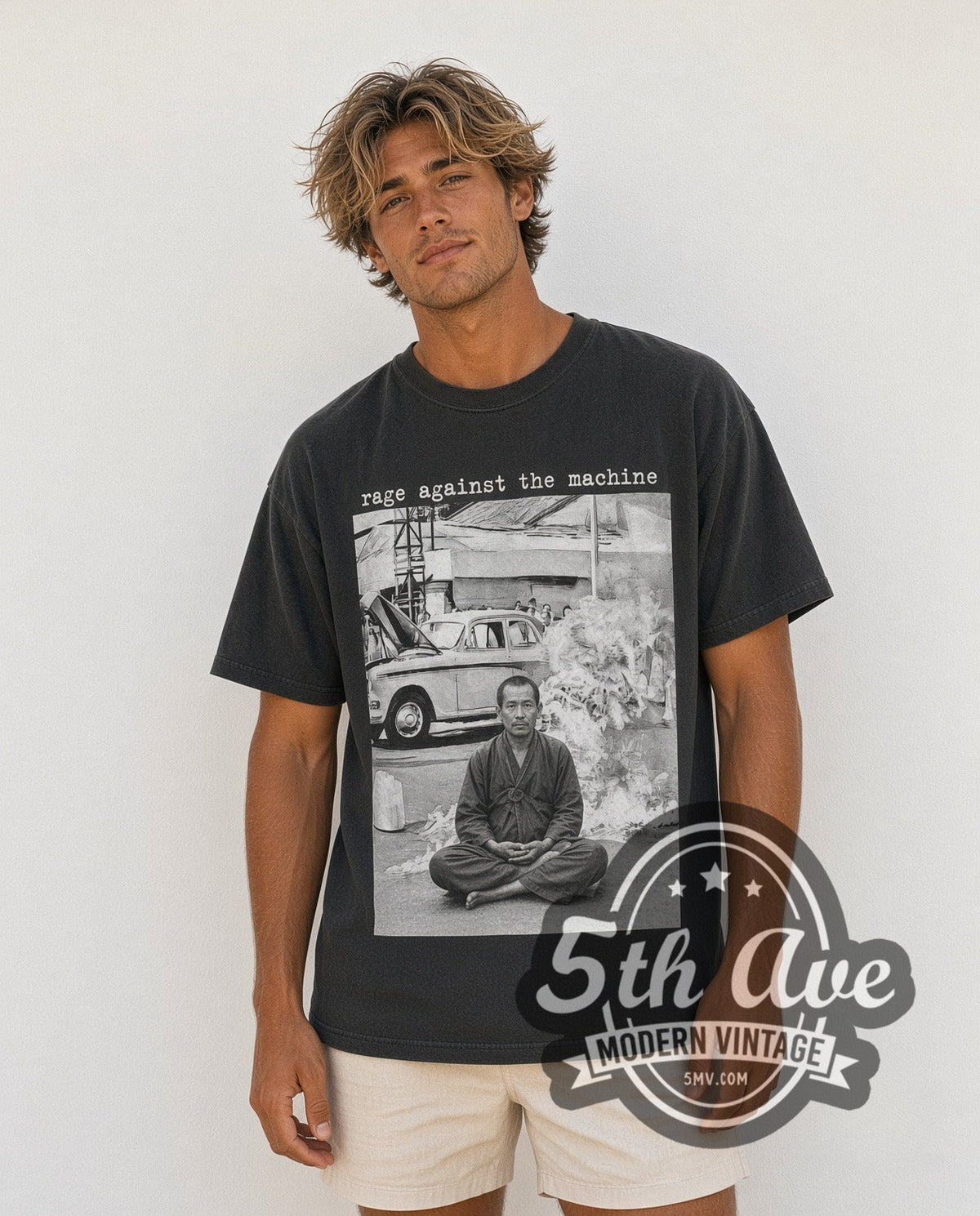 Model wearing the Rage Against the Machine Burning Monk Monochrome vintage band t-shirt in black