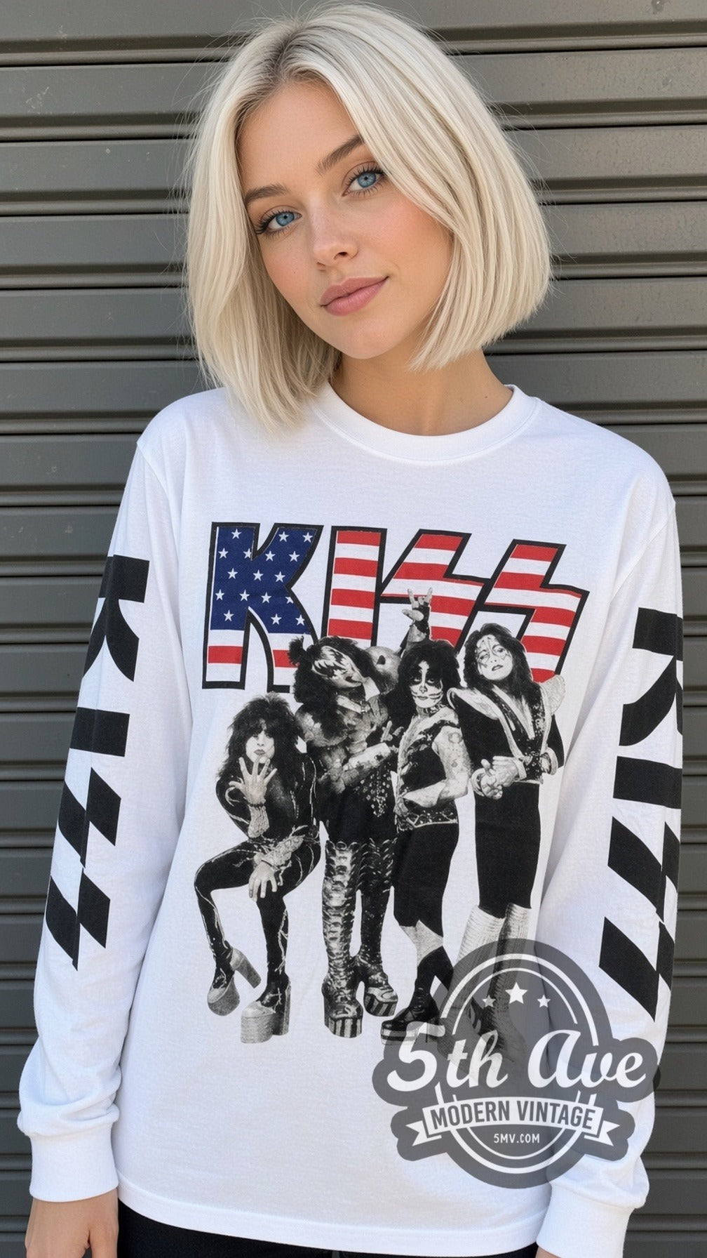 Model wearing the KISS Flag Logo Band vintage band long sleeve t-shirt