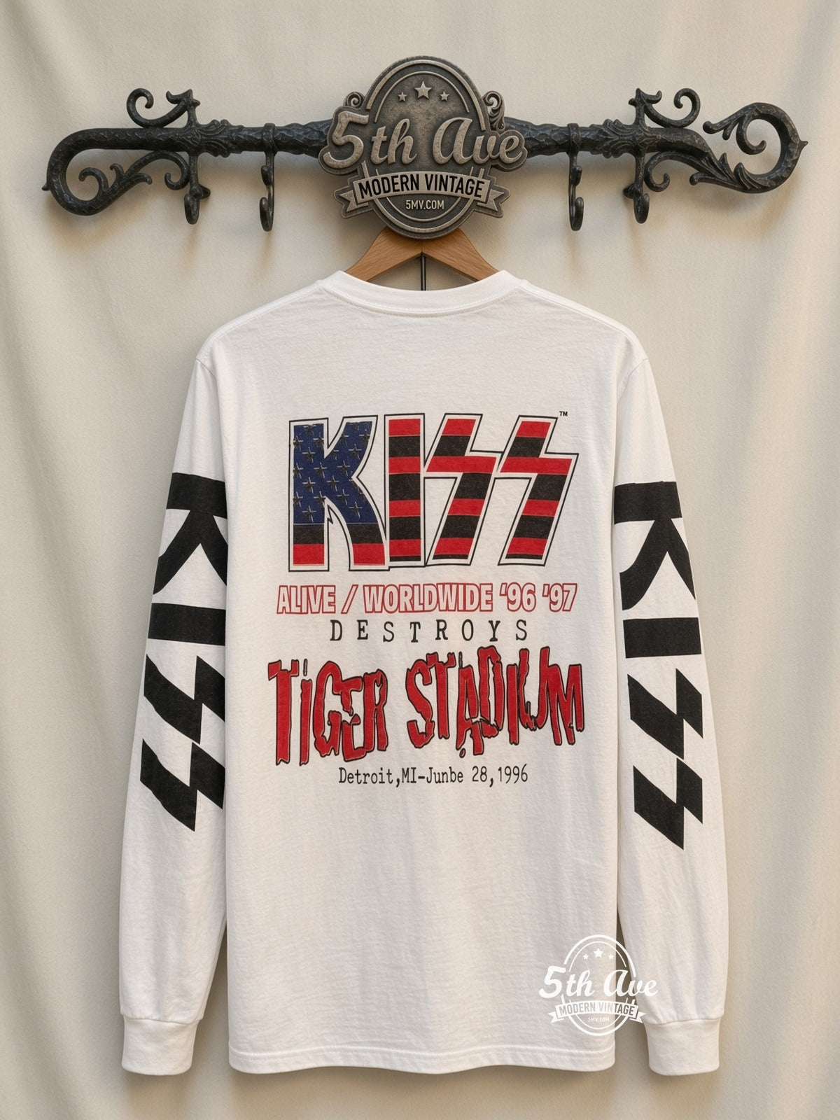 ETS LS 74 KISS Flag Logo Band long sleeve vintage tee on rack, back