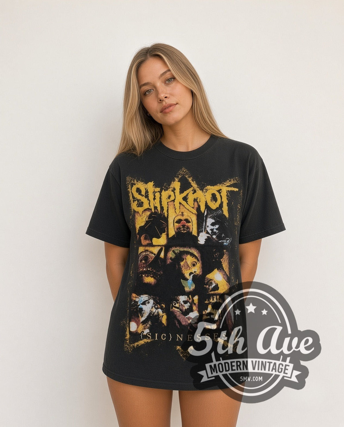 Model wearing the Slipknot Masks vintage band t-shirt in black