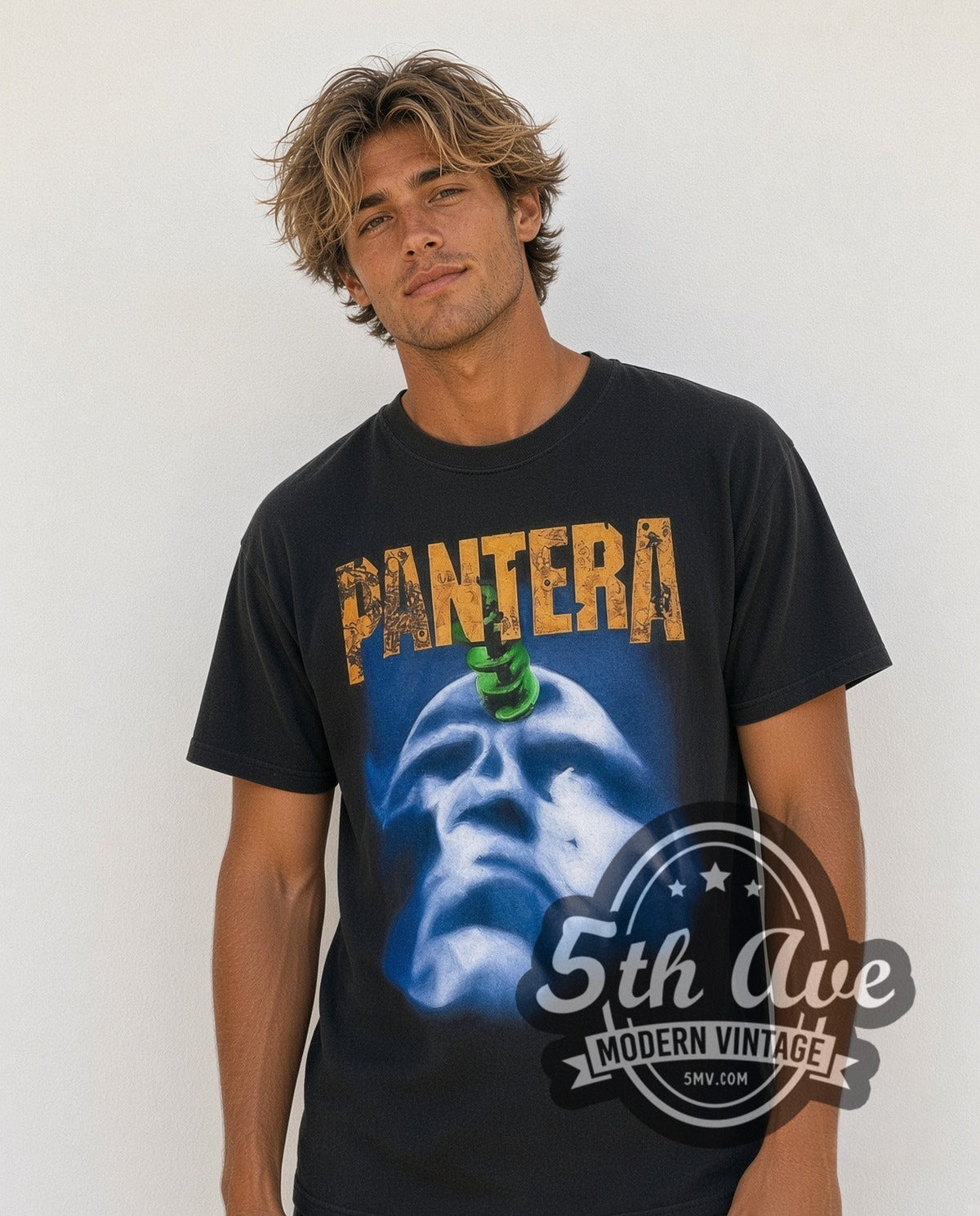Model wearing the Pantera Far Beyond Driven Tour 1994 vintage band t-shirt in black