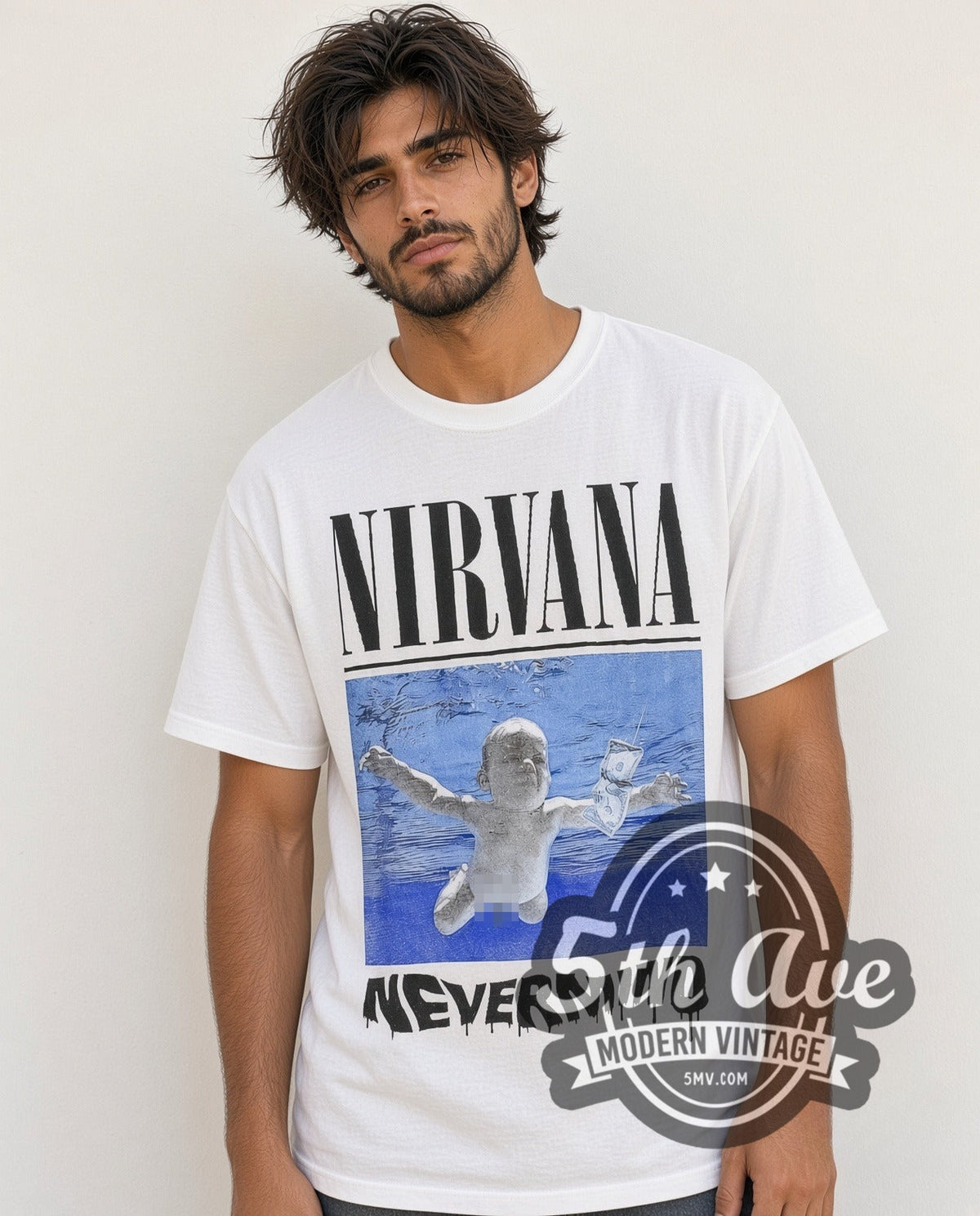 Model wearing the Nirvana Nevermind Smiley vintage band t-shirt in white
