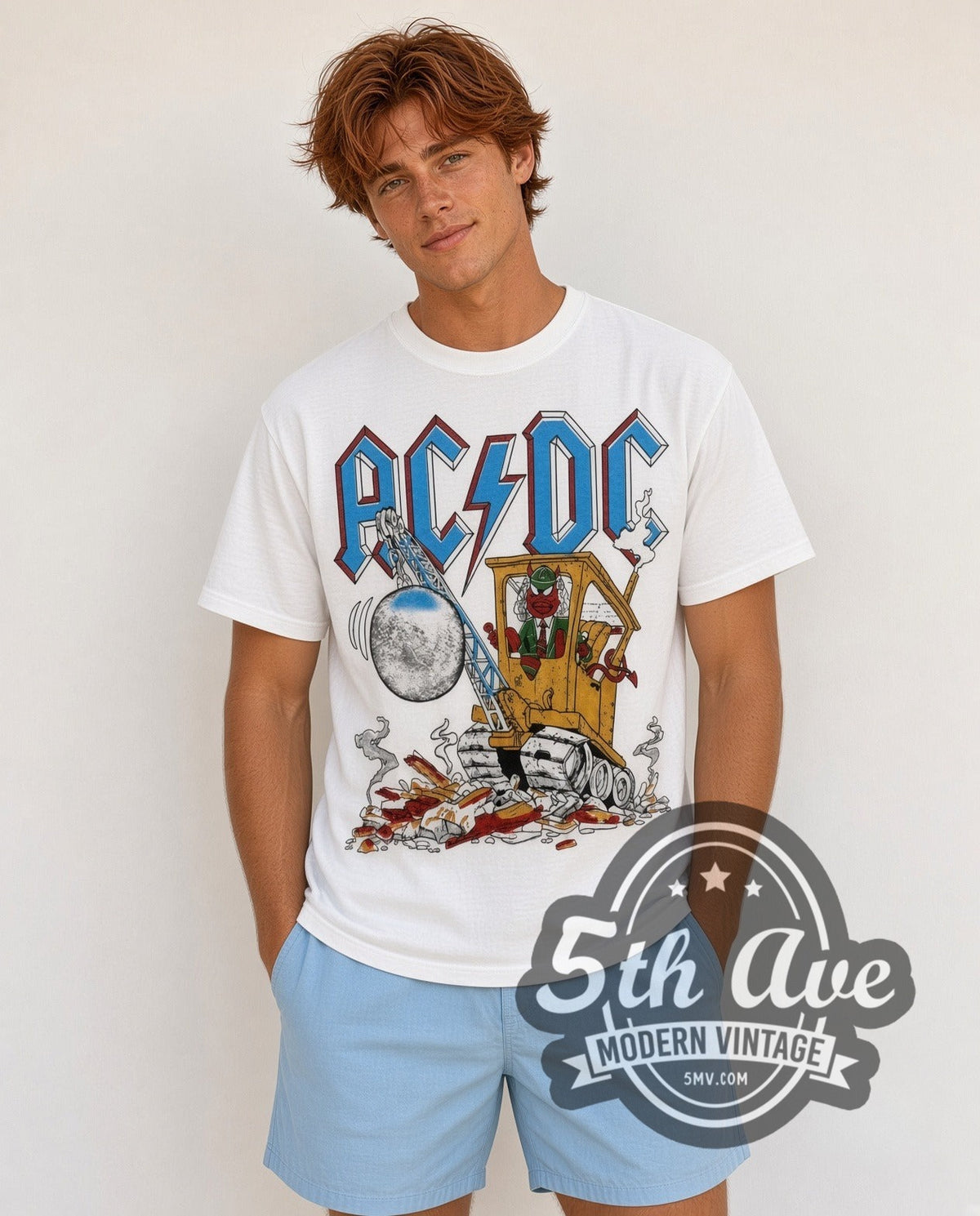 Model wearing the AC/DC Cannon vintage band t-shirt in white