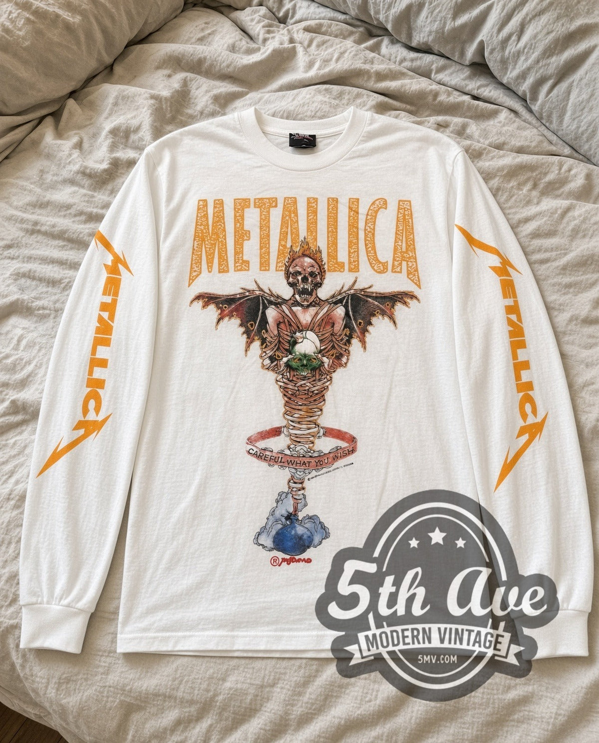 Metallica Careful What You Wish vintage band long sleeve tee in white laid flat