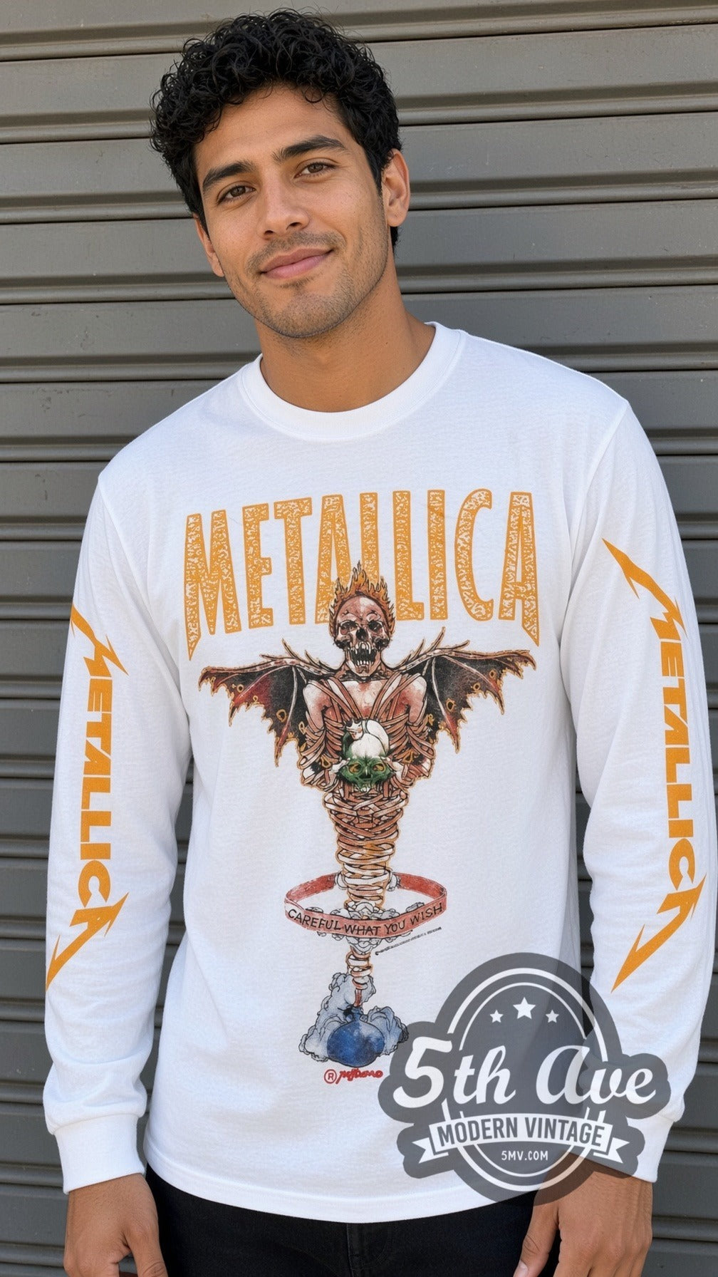 Model wearing the Metallica Careful What You Wish vintage band long sleeve t-shirt in white