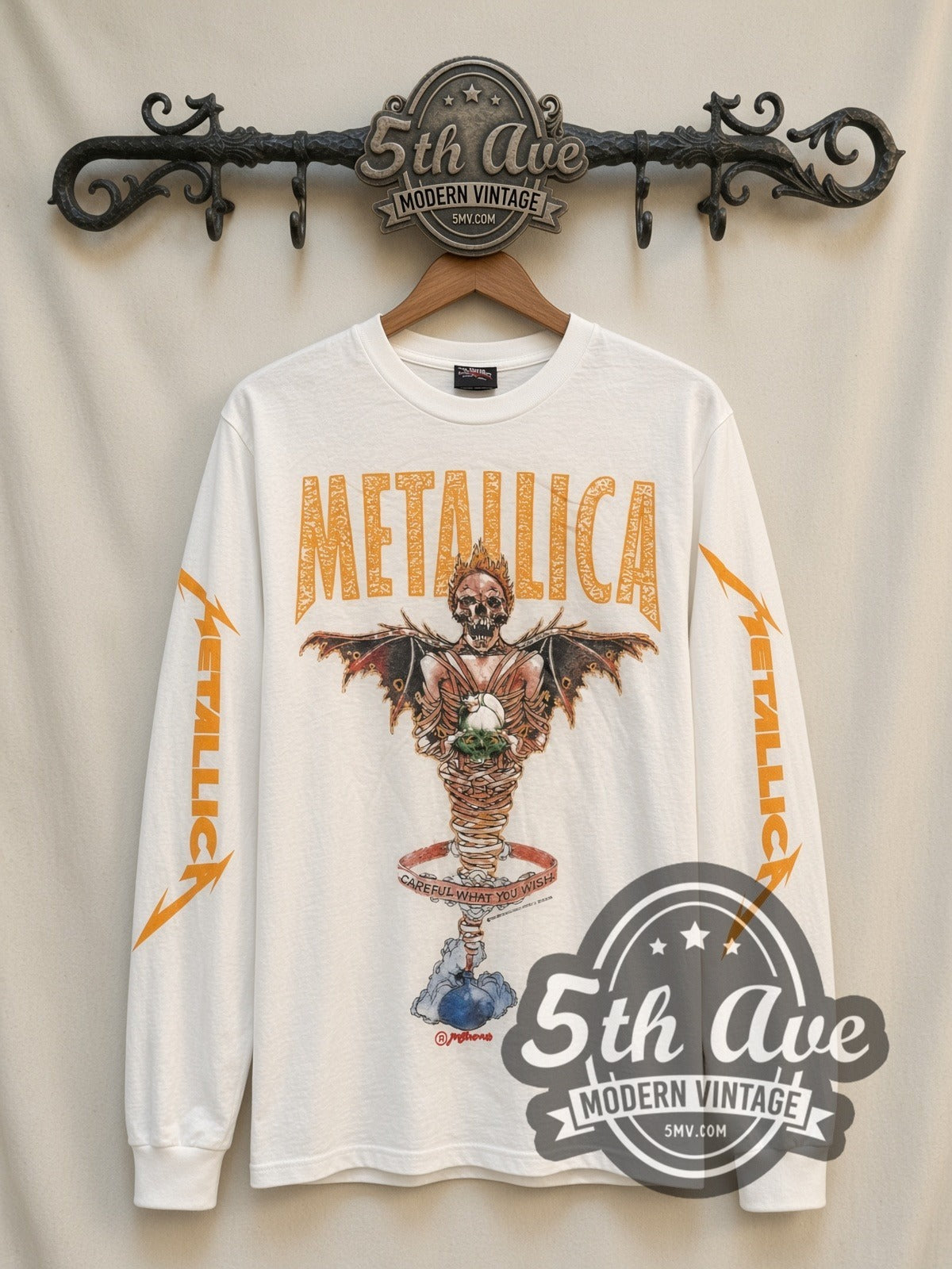 Metallica Careful What You Wish vintage band long sleeve t-shirt in white, front view on a display rack