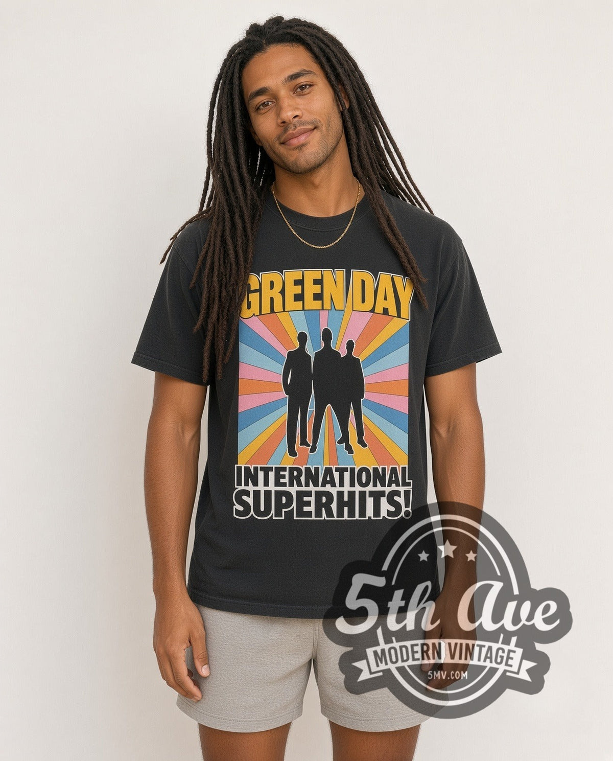 Model wearing the Green Day International Superhits Tour vintage band t-shirt in black