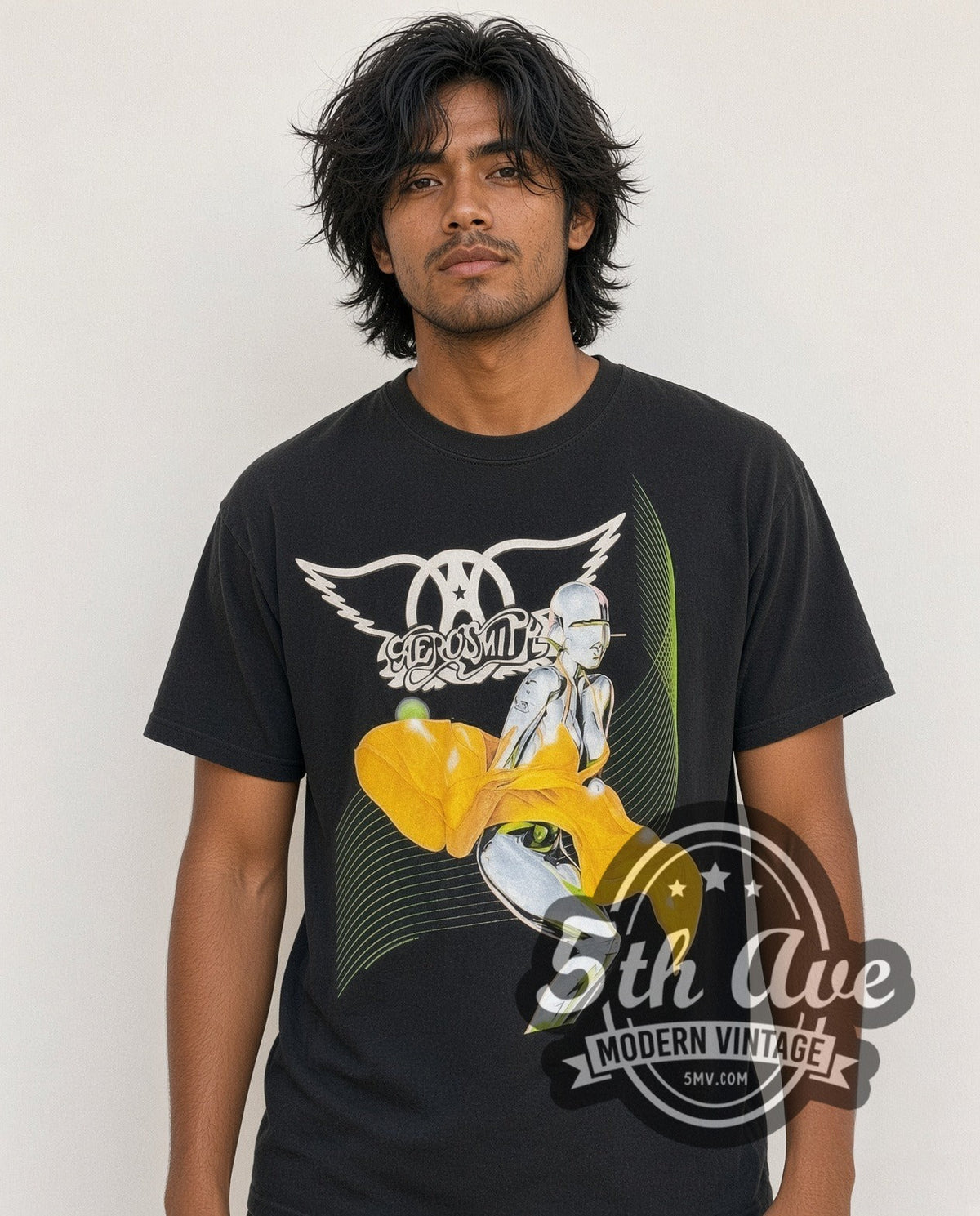 Model wearing the Aerosmith Just Push Play Tour 2001 vintage band t-shirt in black