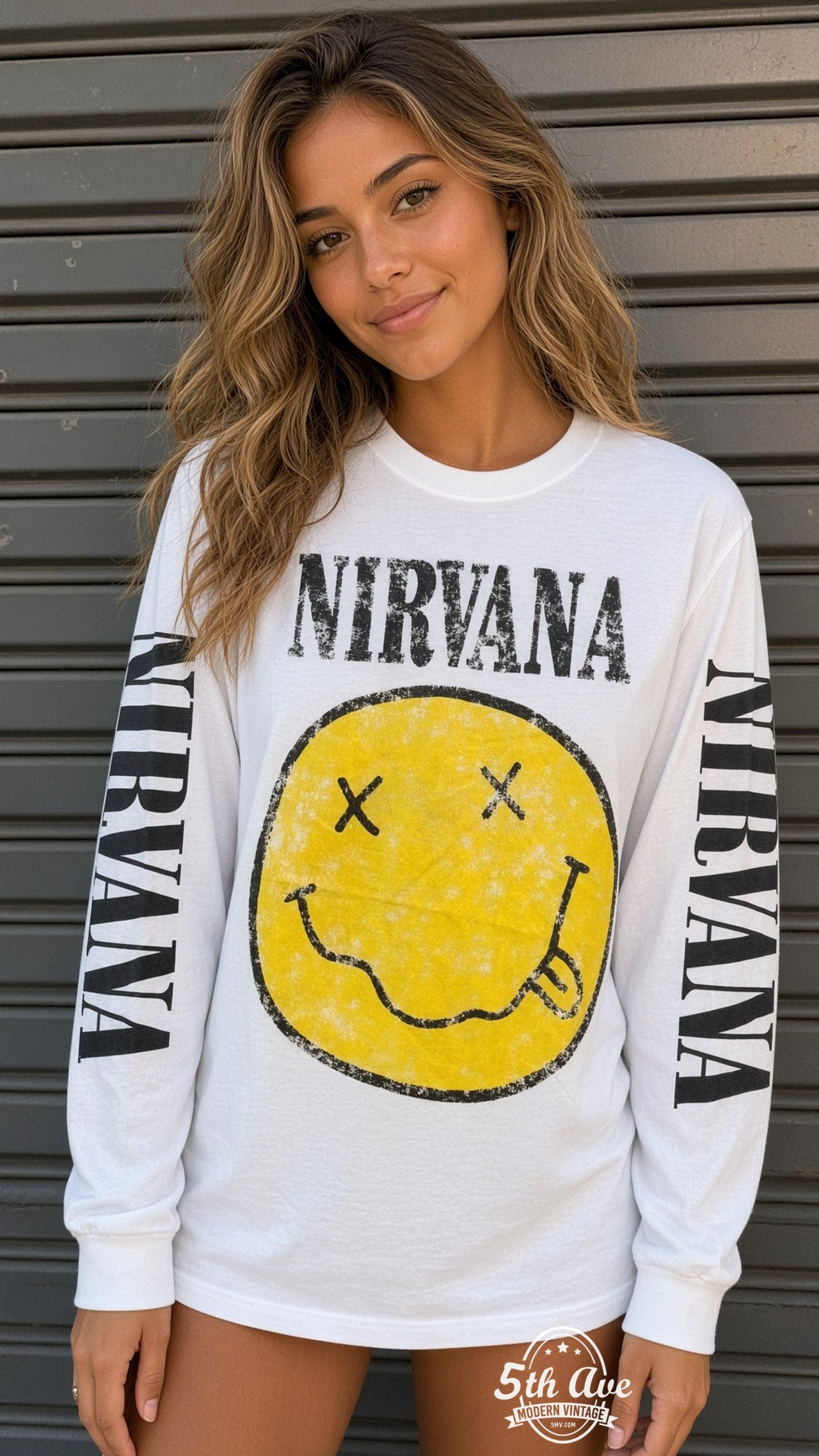 ETS LS 76 Nirvana Smiley long sleeve vintage tee worn by a model