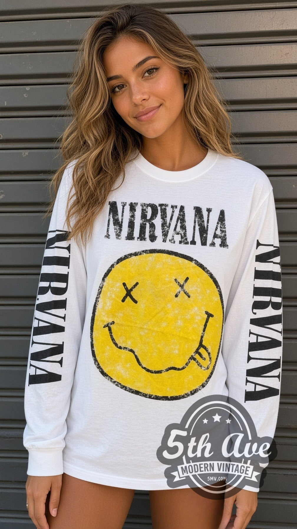 Model wearing the Nirvana Smiley vintage band long sleeve t-shirt
