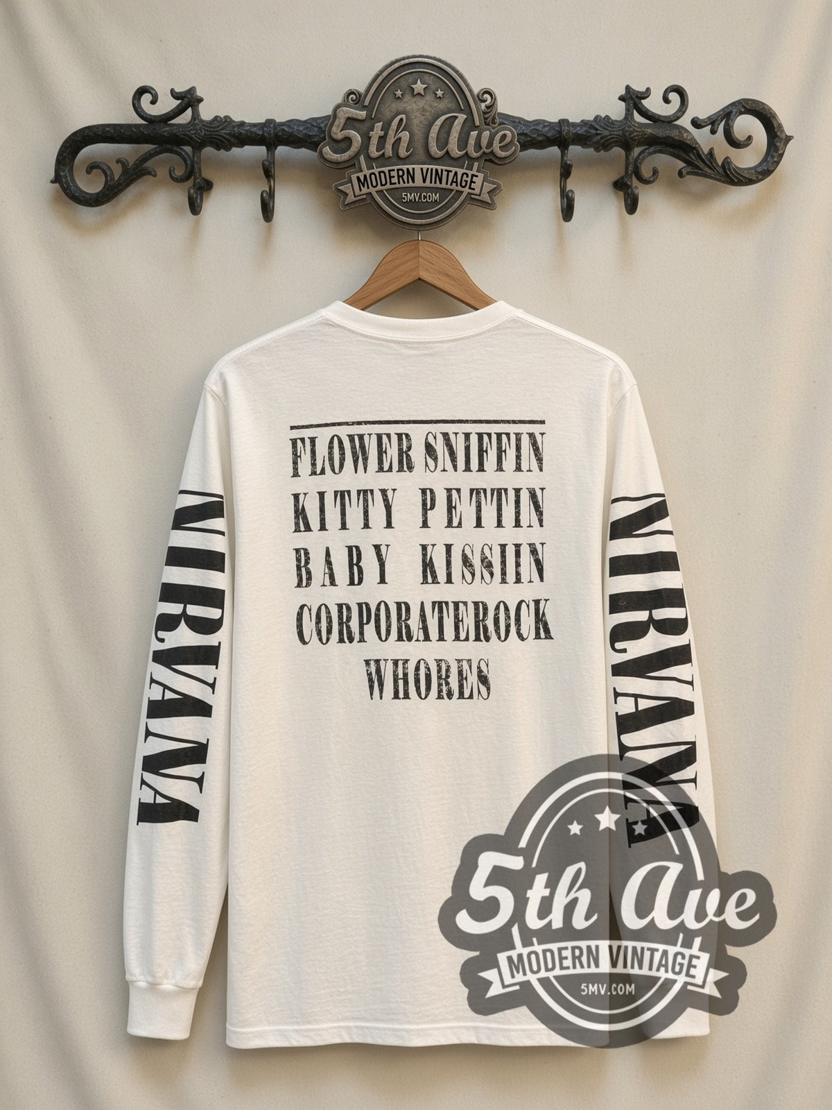Nirvana Smiley vintage band long sleeve t-shirt, back view on a display rack