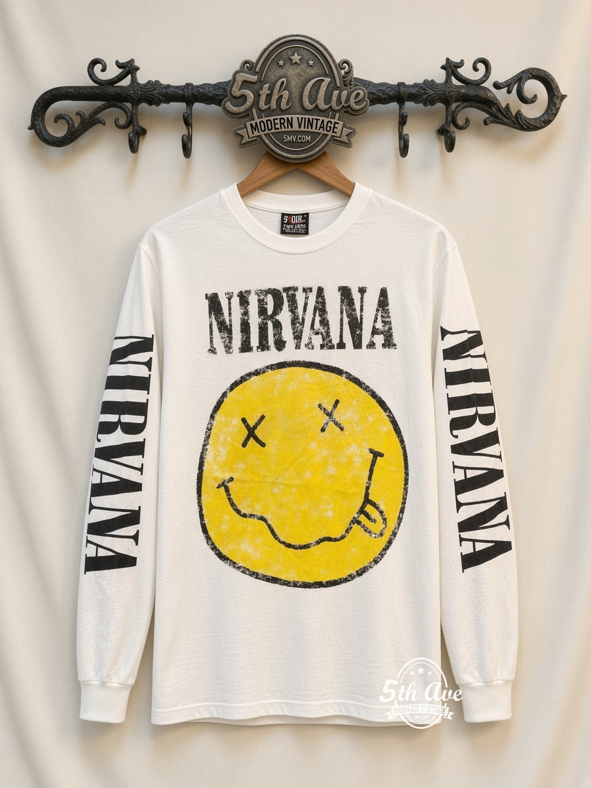 ETS LS 76 Nirvana Smiley long sleeve vintage tee on rack, front