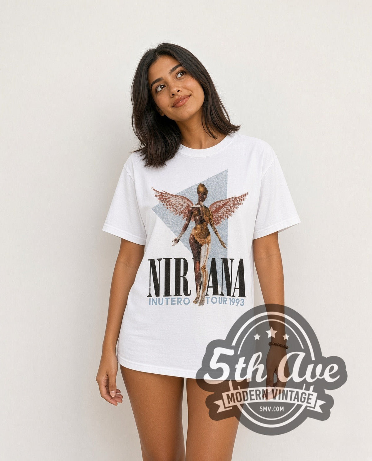 Model wearing the Nirvana In Utero Tour 1993 vintage band t-shirt in white