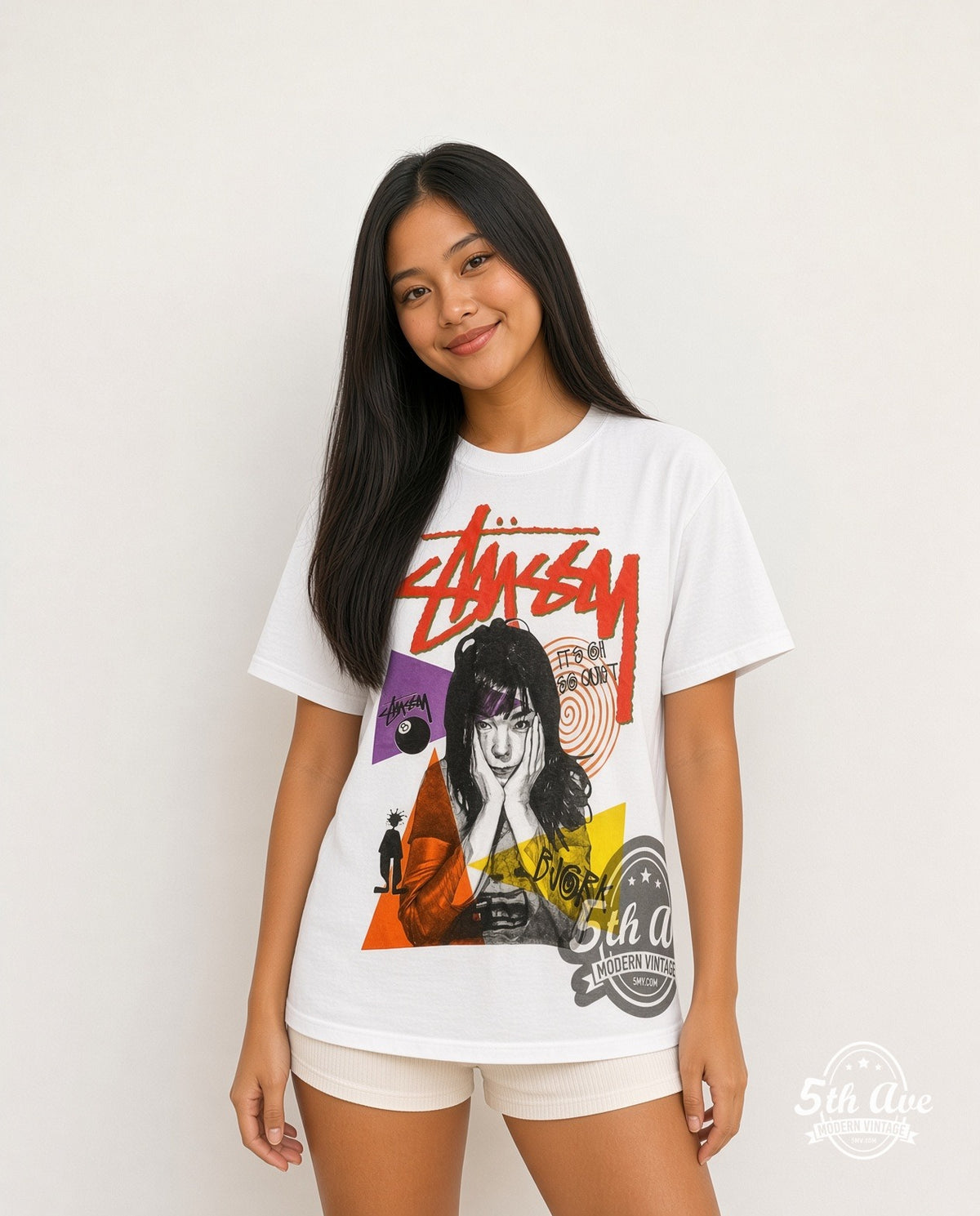 Model wearing the Björk It’s Oh So Quiet graphic tee in white