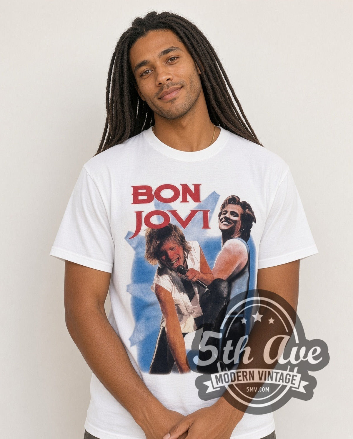 Model wearing Bon Jovi Stage Duo White vintage band tee