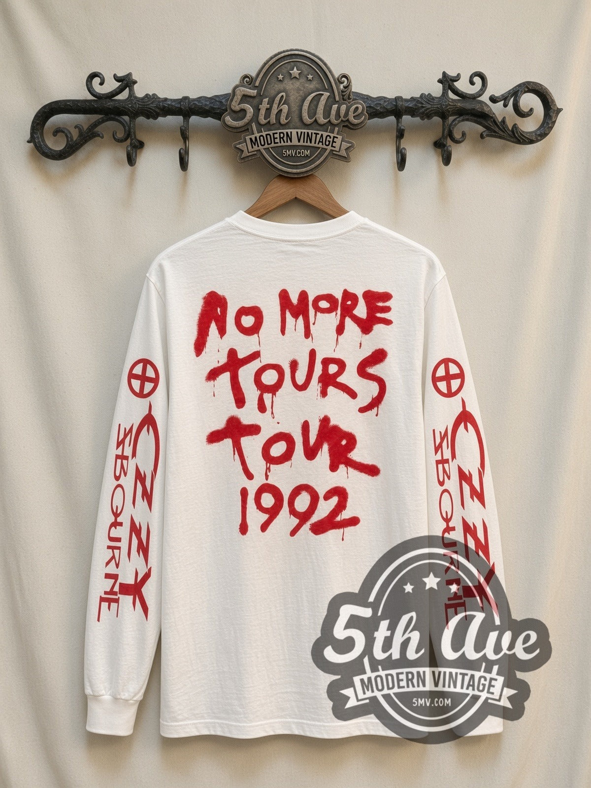 Ozzy Osbourne On the Toilet vintage band long sleeve t-shirt, back view on a display rack