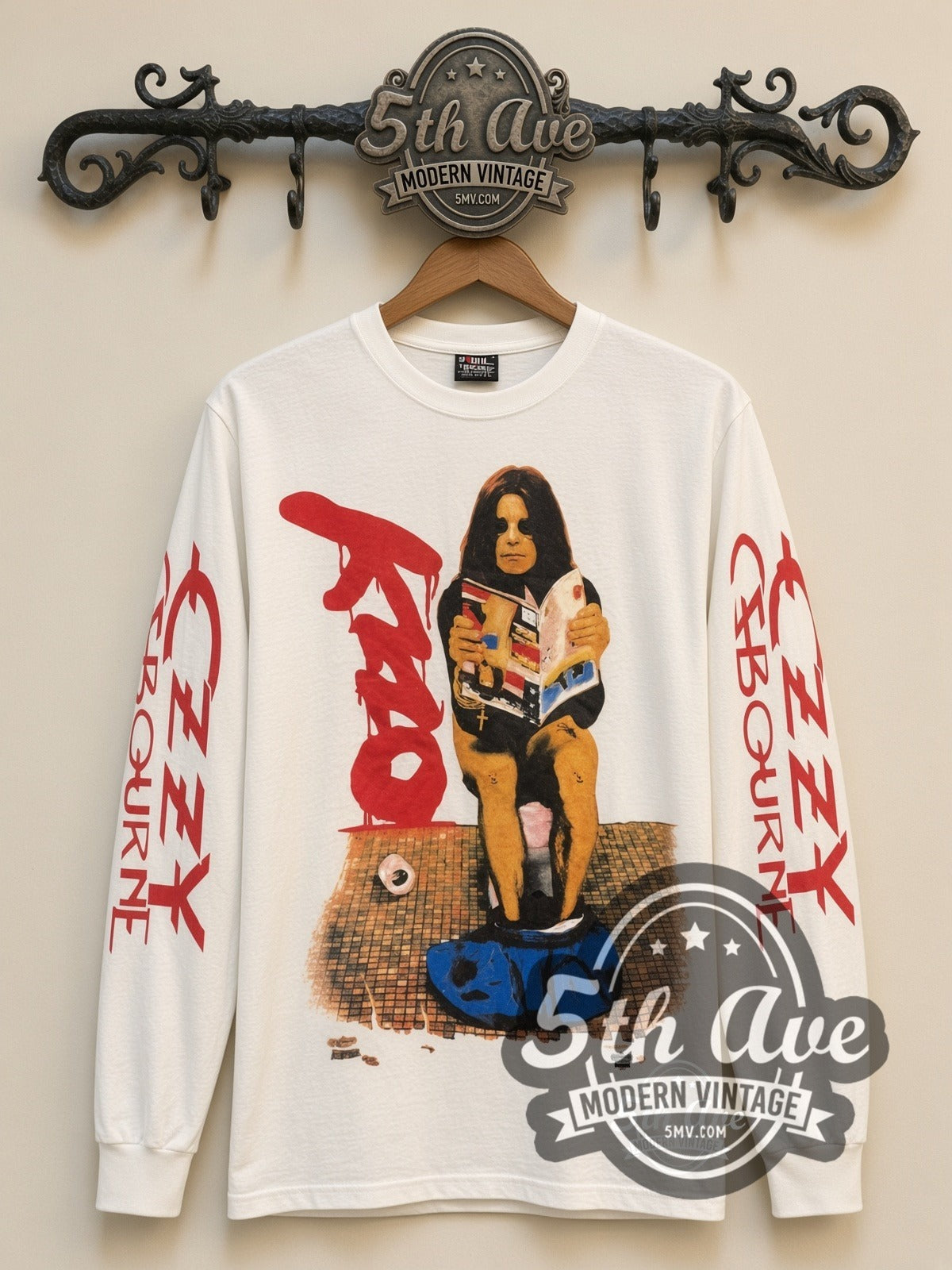 Ozzy Osbourne On the Toilet vintage band long sleeve t-shirt, front view on a display rack