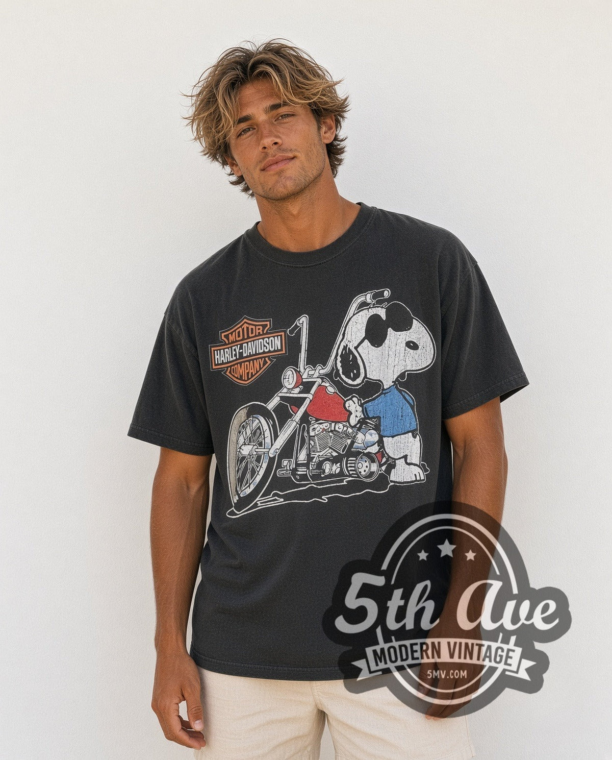 Model wearing the Harley-Davidson Snoopy x vintage Harley-Davidson tee in black
