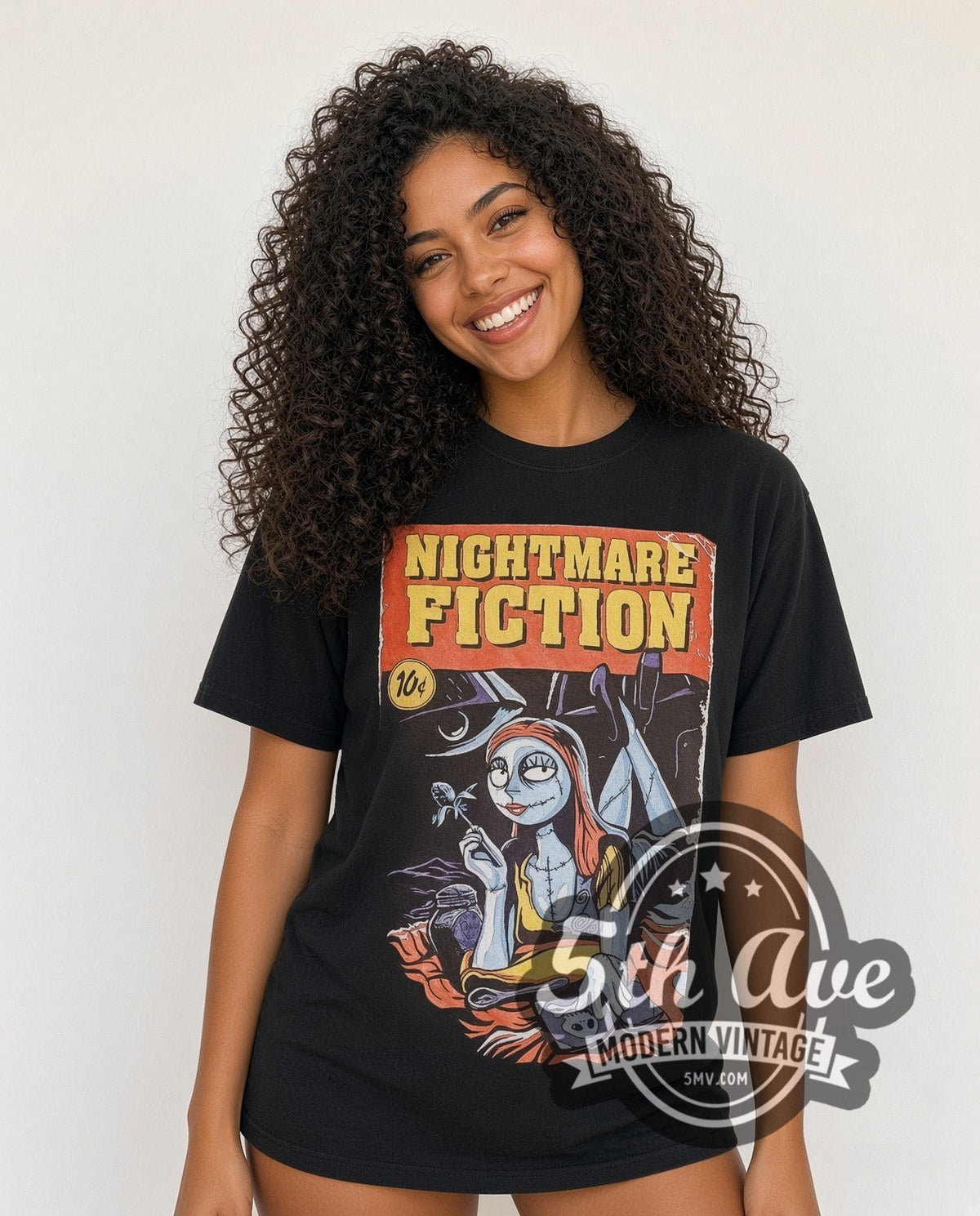 Model wearing The Nightmare Before Christmas x Pulp Fiction vintage cartoon tee in black