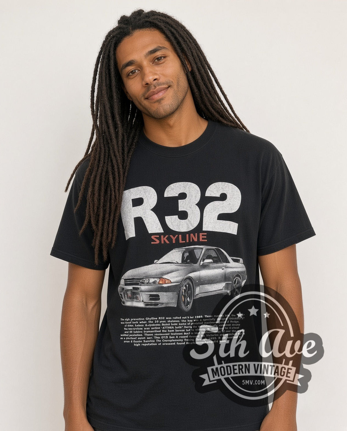 Model wearing the Nissan Skyline R32 vintage racing tee in black