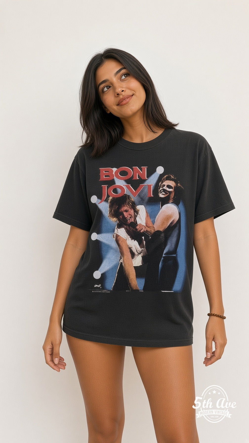 Model wearing Bon Jovi Stage Duo Black vintage band tee