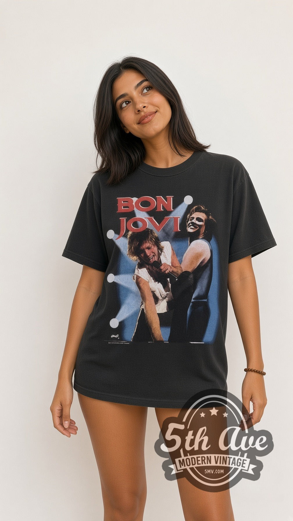 Model wearing Bon Jovi Stage Duo Black vintage band tee