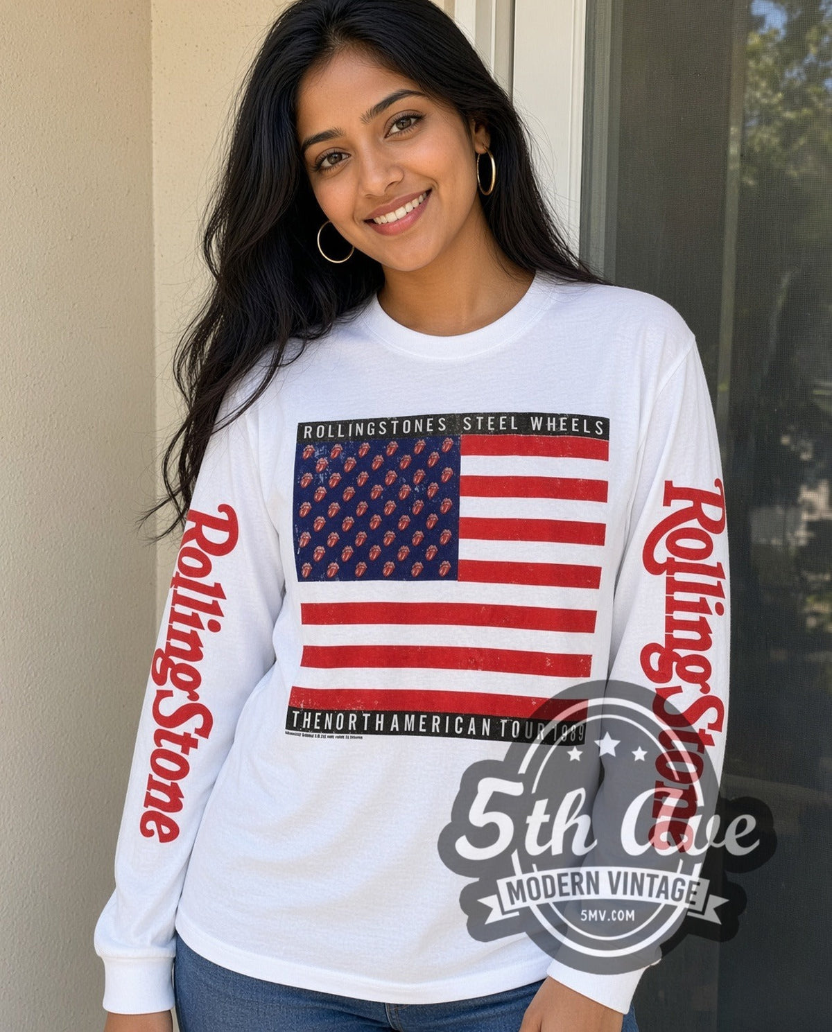 Model wearing The Rolling Stones Steel Wheels Flag vintage band long sleeve t-shirt