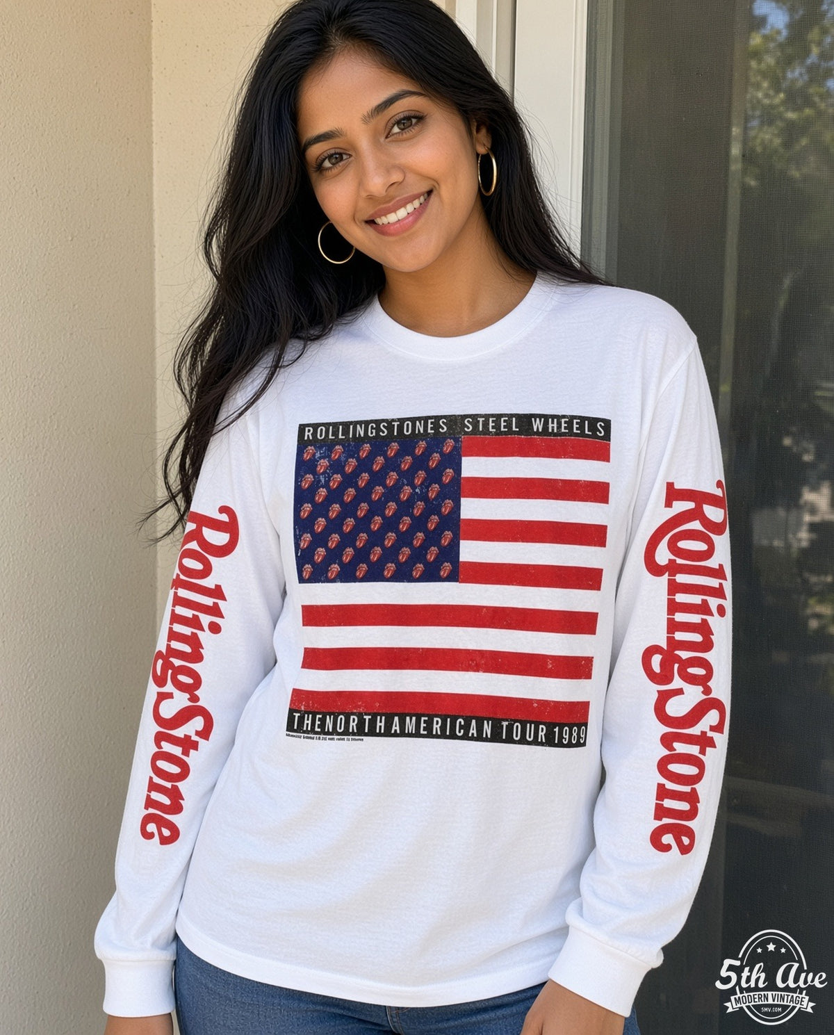ETS LS 78 The Rolling Stones Steel Wheels Flag long sleeve vintage tee worn by a model