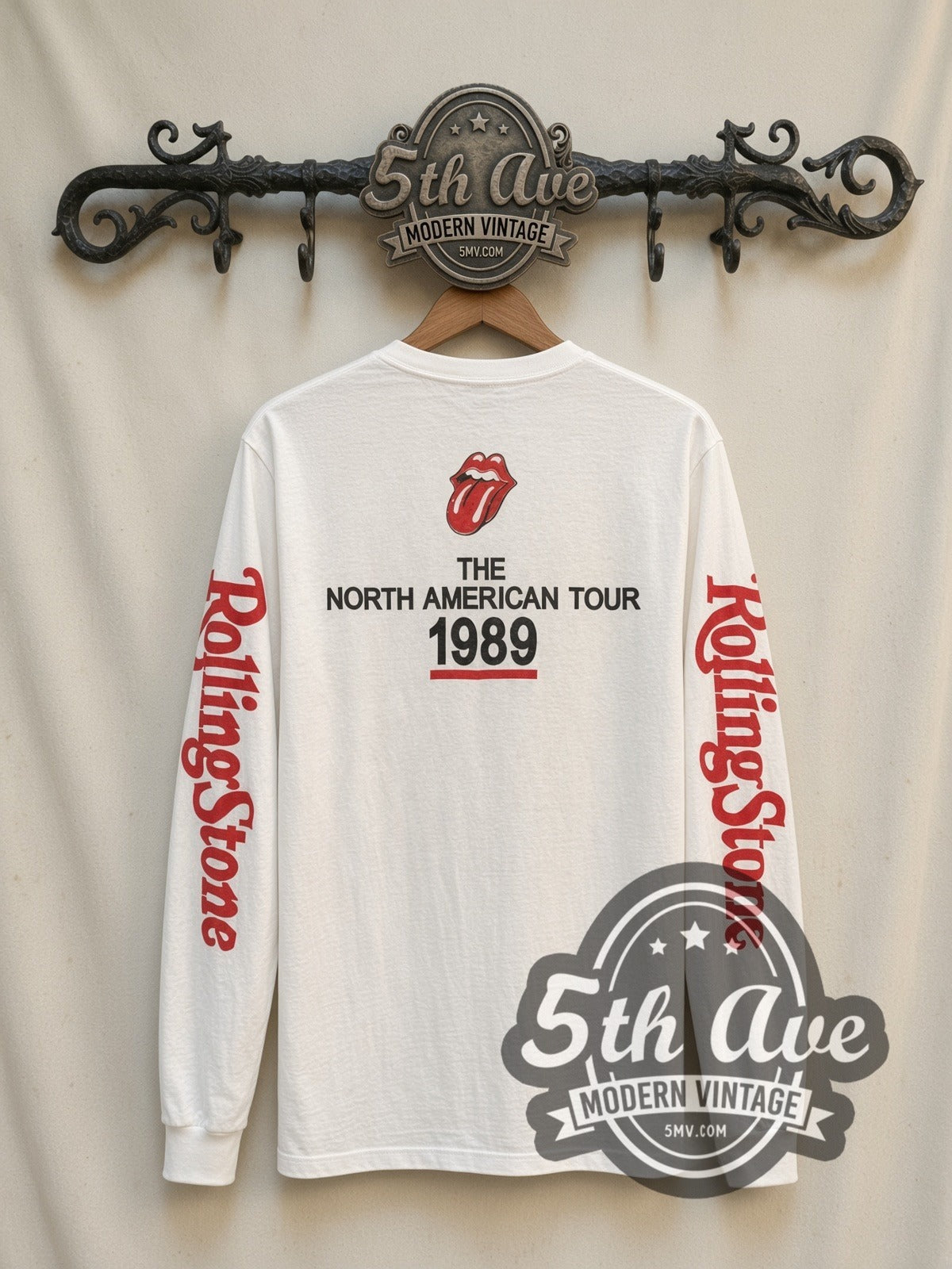 The Rolling Stones Steel Wheels Flag vintage band long sleeve t-shirt, back view on a display rack