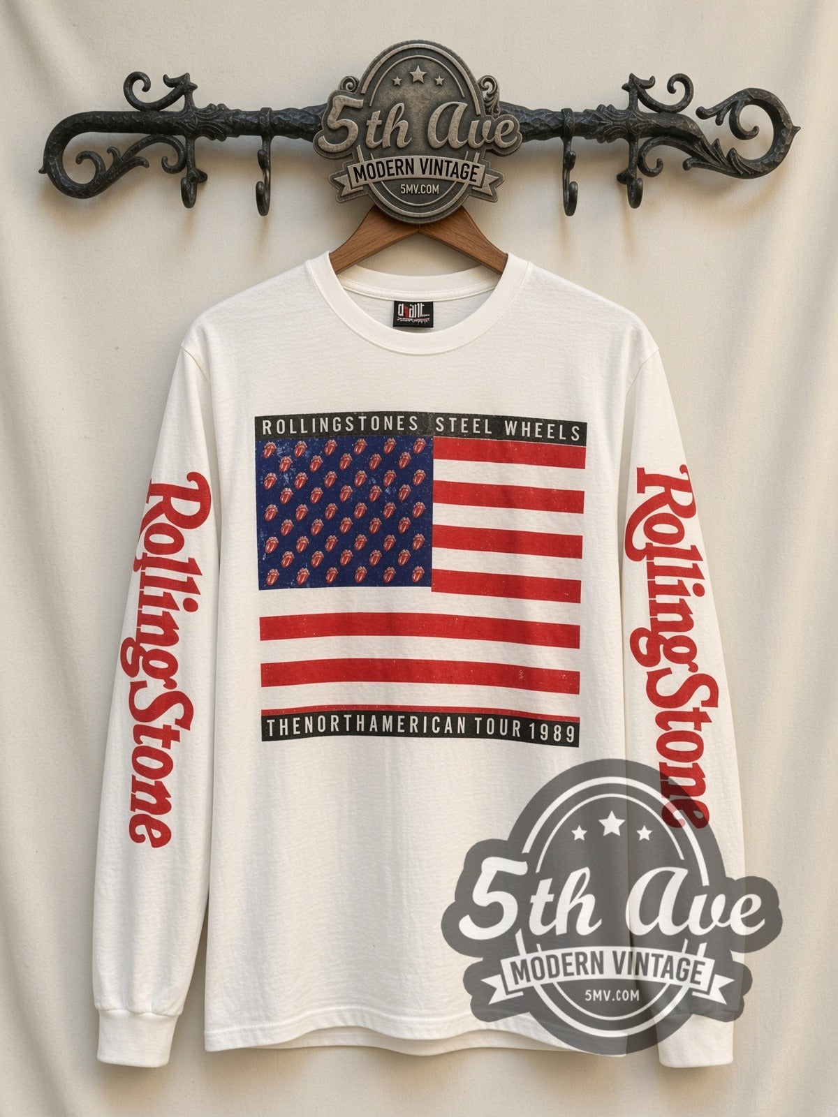 The Rolling Stones Steel Wheels Flag vintage band long sleeve t-shirt, front view on a display rack