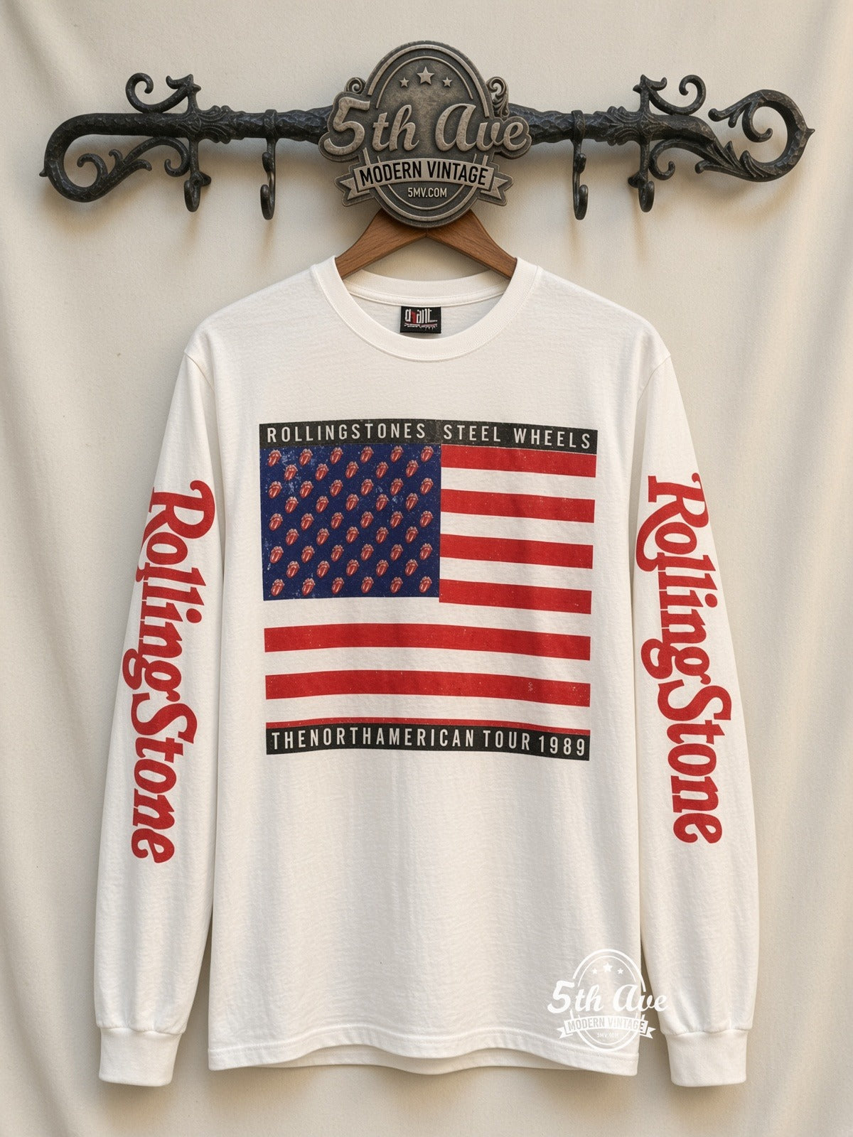 ETS LS 78 The Rolling Stones Steel Wheels Flag long sleeve vintage tee on rack, front