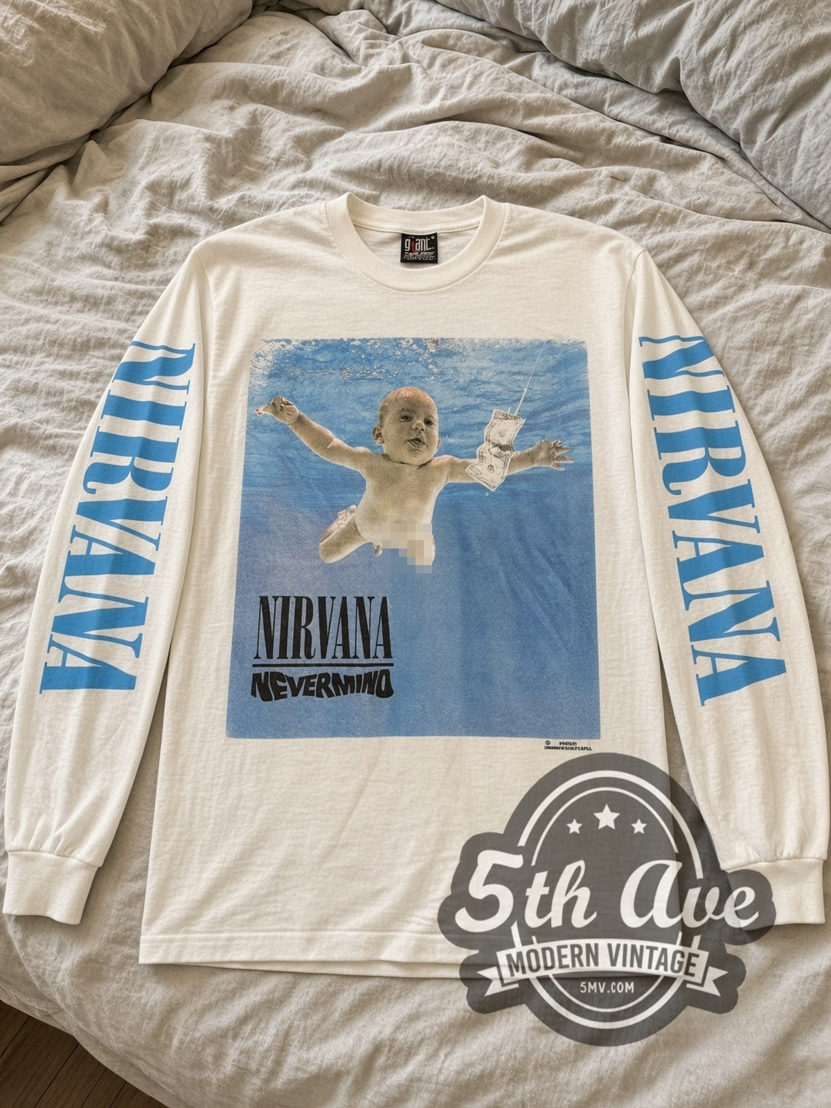 Nirvana Nevermind vintage band long sleeve tee in white laid flat