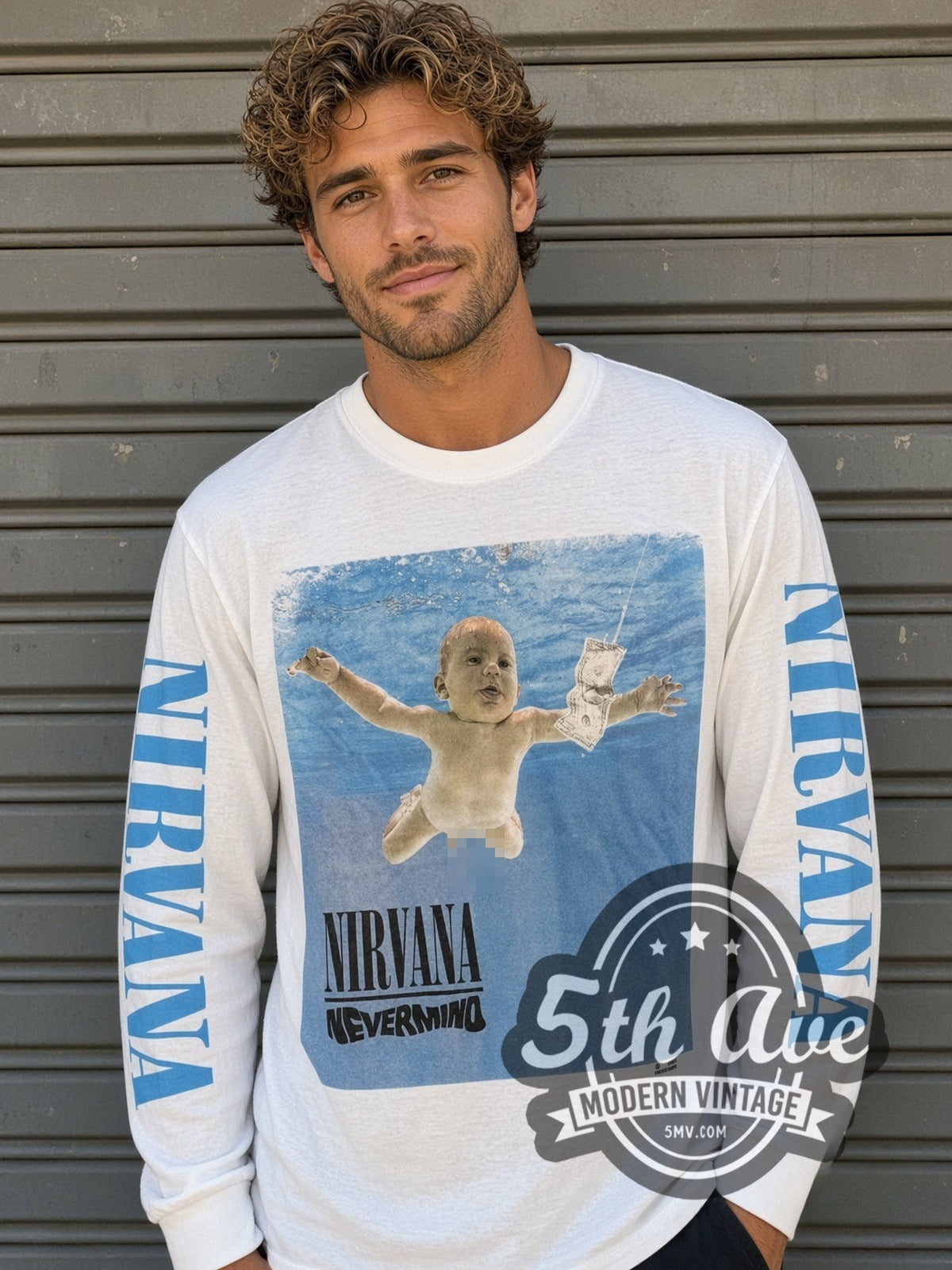 Model wearing the Nirvana Nevermind vintage band long sleeve t-shirt in white