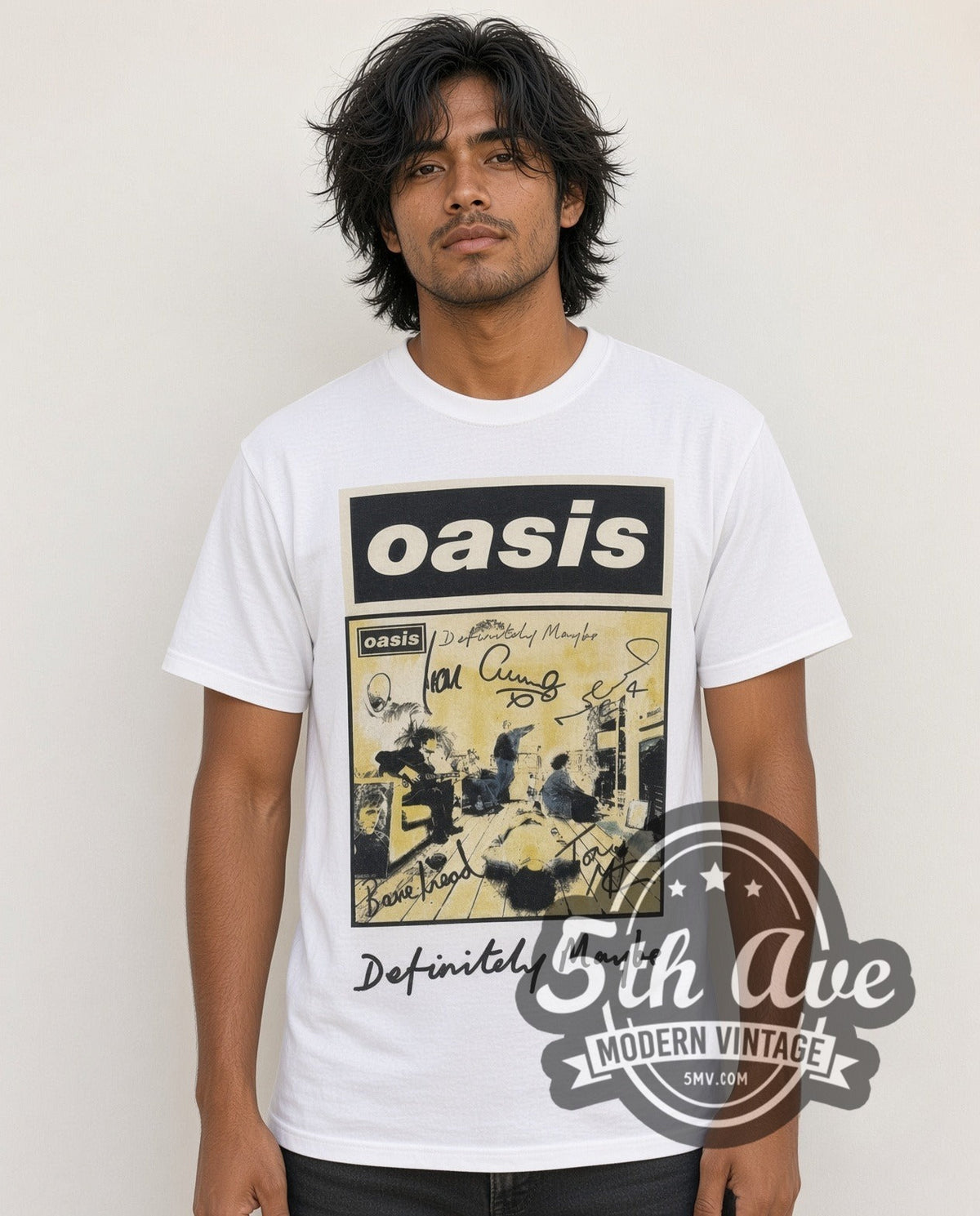 Model wearing the Oasis Definitely Maybe vintage band t-shirt in white