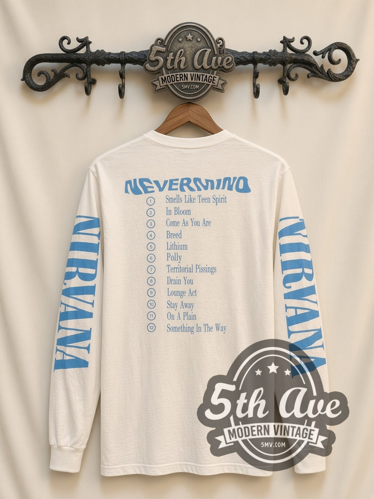 Nirvana Nevermind vintage band long sleeve t-shirt in white, back view on a display rack