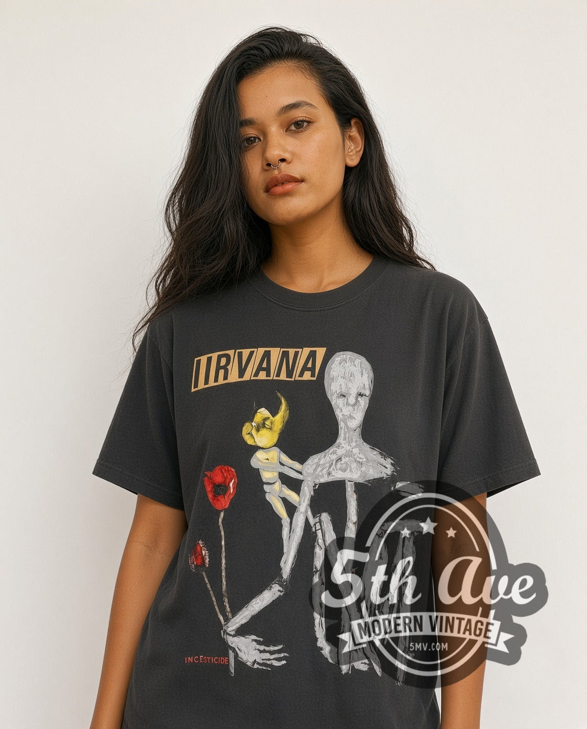 Model wearing the Nirvana Incesticide vintage band t-shirt in black