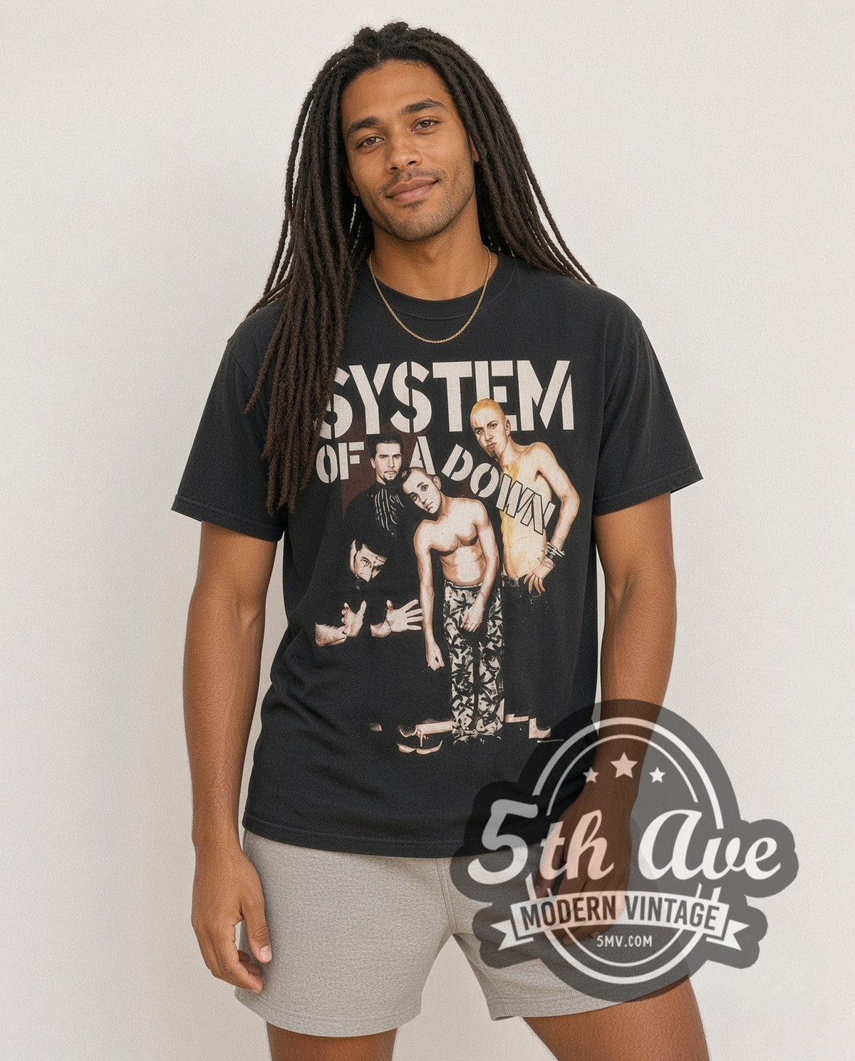 Model wearing the System of a Down Sixty-Ninth vintage band t-shirt in black