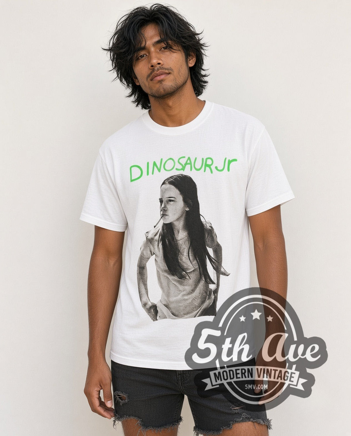 Model wearing the Dinosaur Jr. 'Green Mind' vintage band t-shirt