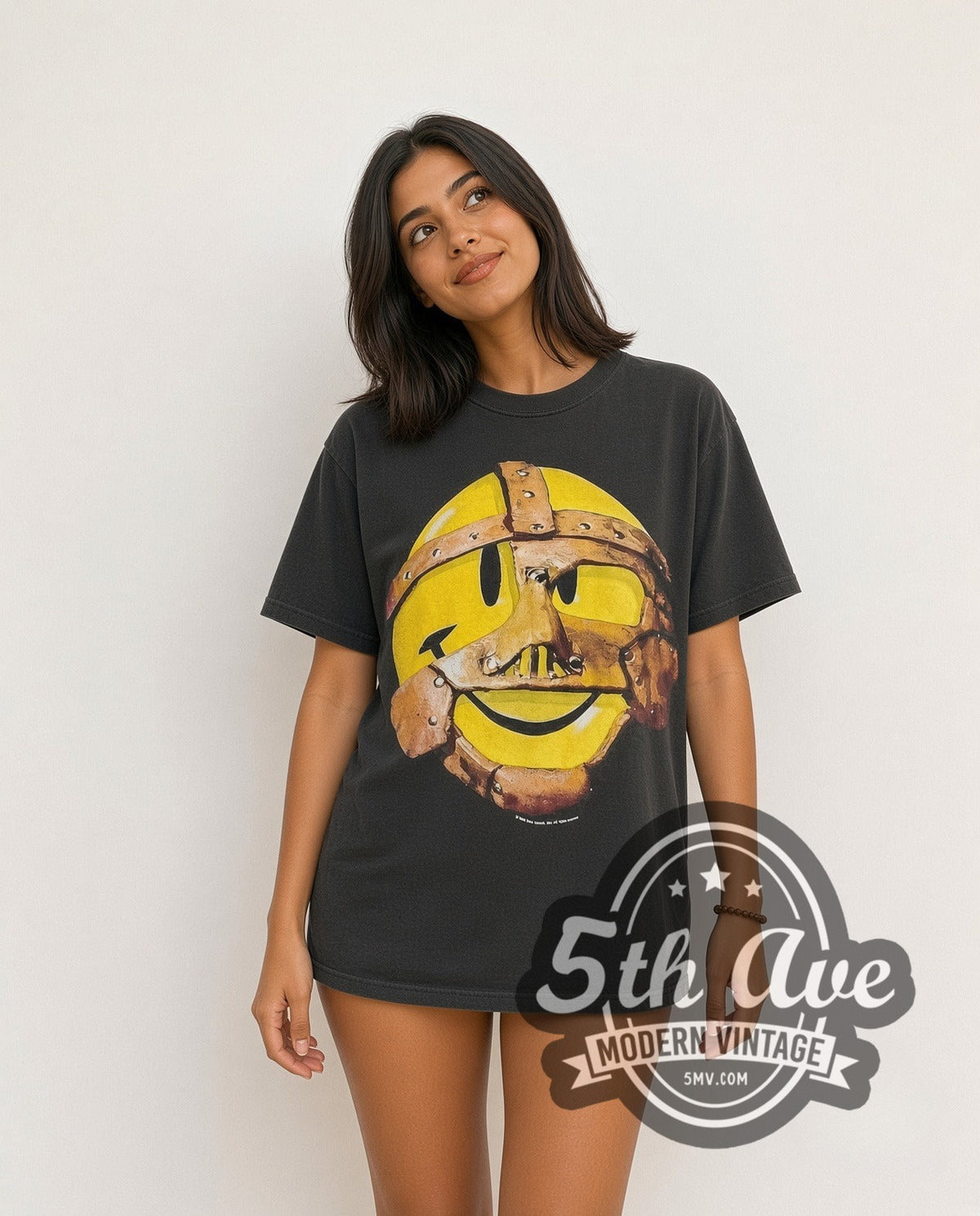 Model wearing the WWF Have a Nice Day vintage wrestling tee in black